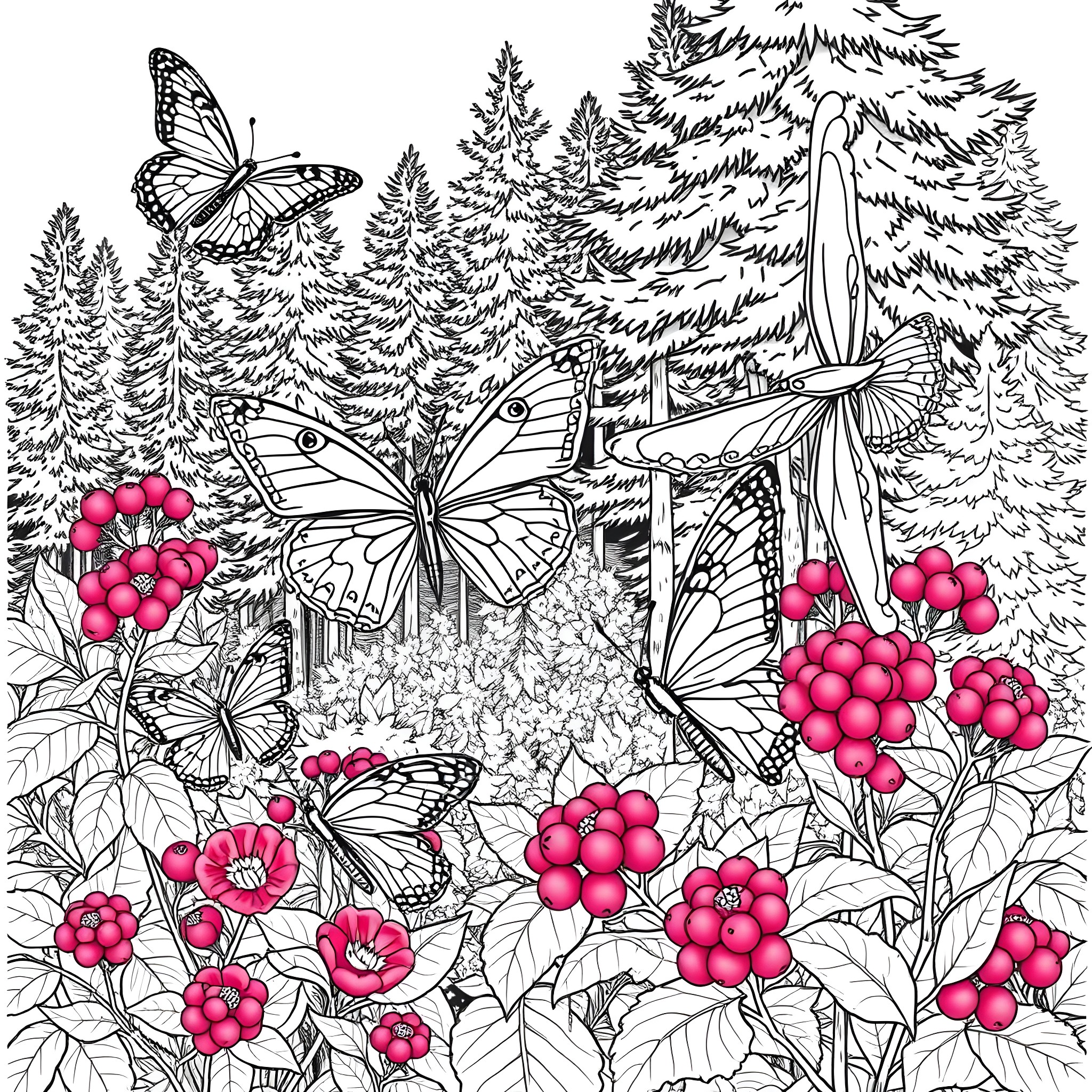 Butterfly Garden in the Forest Coloring Page (free black-and-white line drawing printable PDF for all, from beginners to advanced learners, including children, teens, adults, and seniors)
