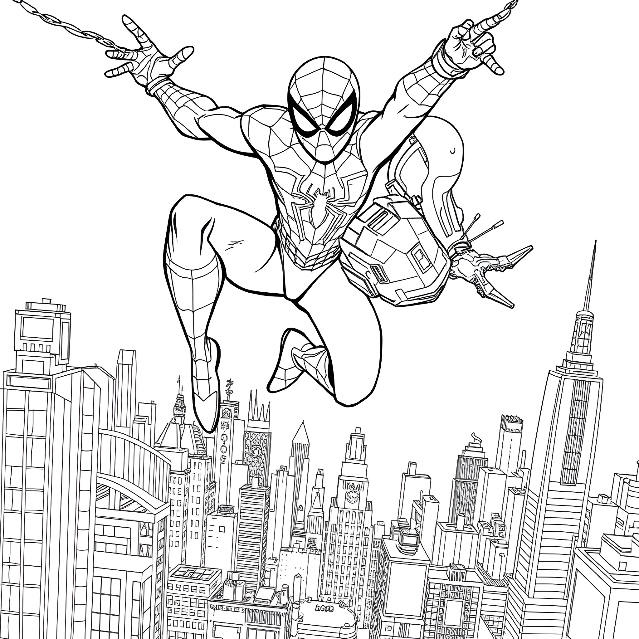 Spiderman swinging through the city skyline Coloring Page (free black-and-white line drawing printable PDF for all, from beginners to advanced learners, including children, teens, adults, and seniors)