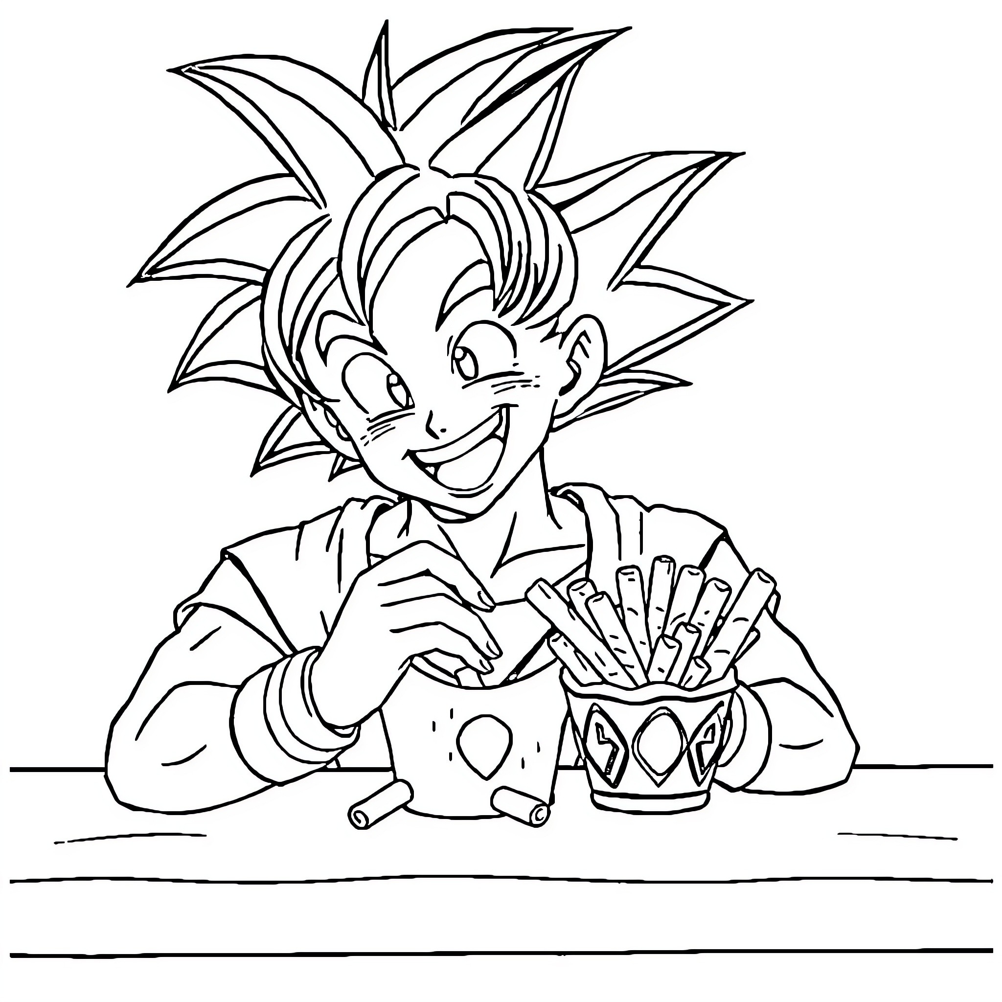 Goku enjoying a snack with enthusiasm Coloring Page (free black-and-white line drawing printable PDF for all, from beginners to advanced learners, including children, teens, adults, and seniors)