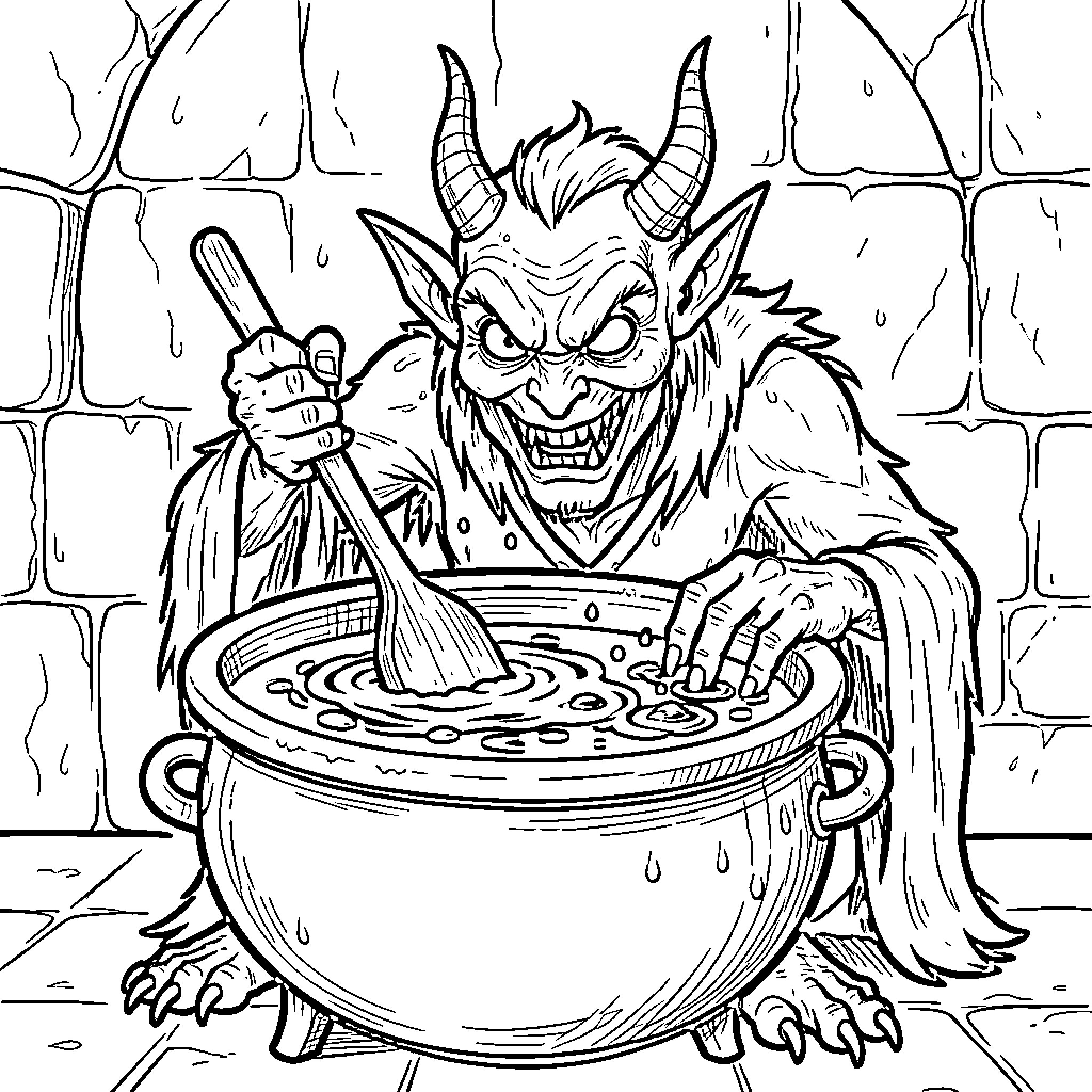 Demon brewing mischief in the cauldron Coloring Page (free black-and-white line drawing printable PDF for all, from beginners to advanced learners, including children, teens, adults, and seniors)