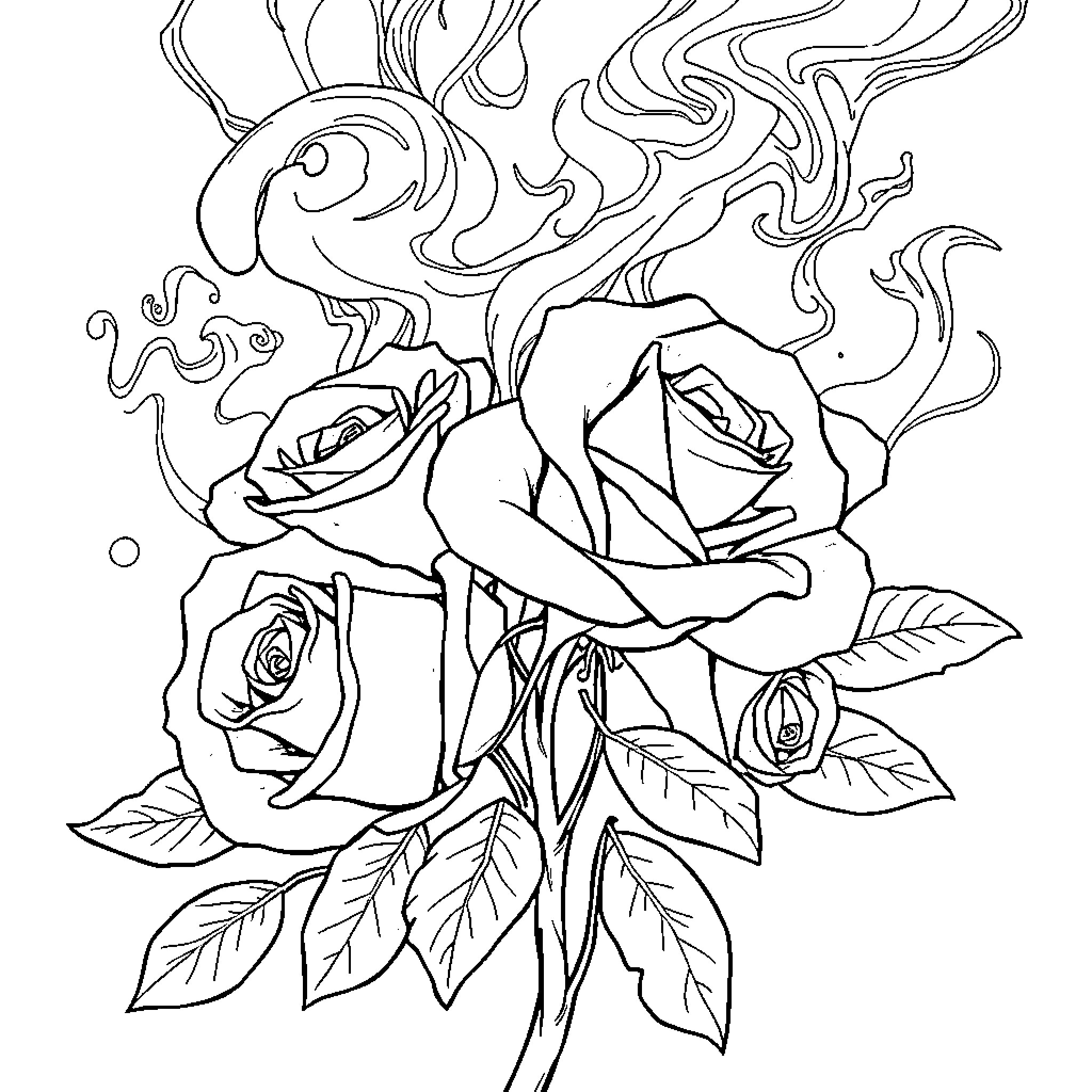 Rose Blossoms Encircled by Flowing Tendrils Coloring Page (free black-and-white line drawing printable PDF for all, from beginners to advanced learners, including children, teens, adults, and seniors)