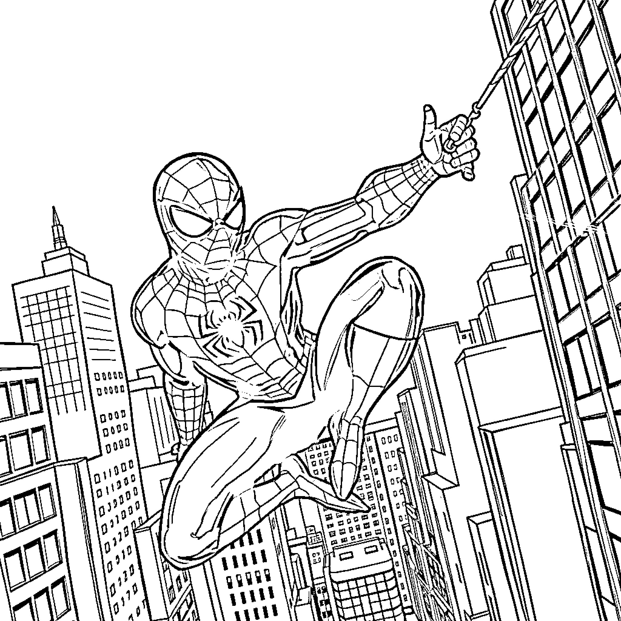 Spiderman swinging heroically through the city Coloring Page (free black-and-white line drawing printable PDF for all, from beginners to advanced learners, including children, teens, adults, and seniors)