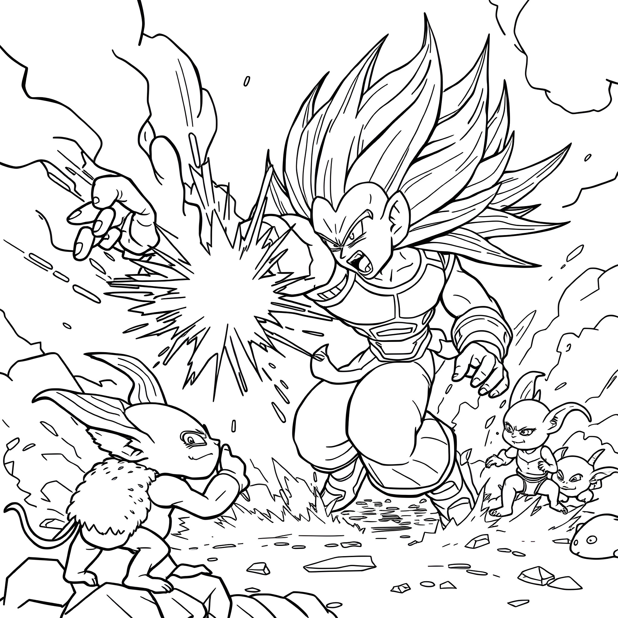 Vegeta fighting with energy blast in battle scene Coloring Page (free black-and-white line drawing printable PDF for all, from beginners to advanced learners, including children, teens, adults, and seniors)