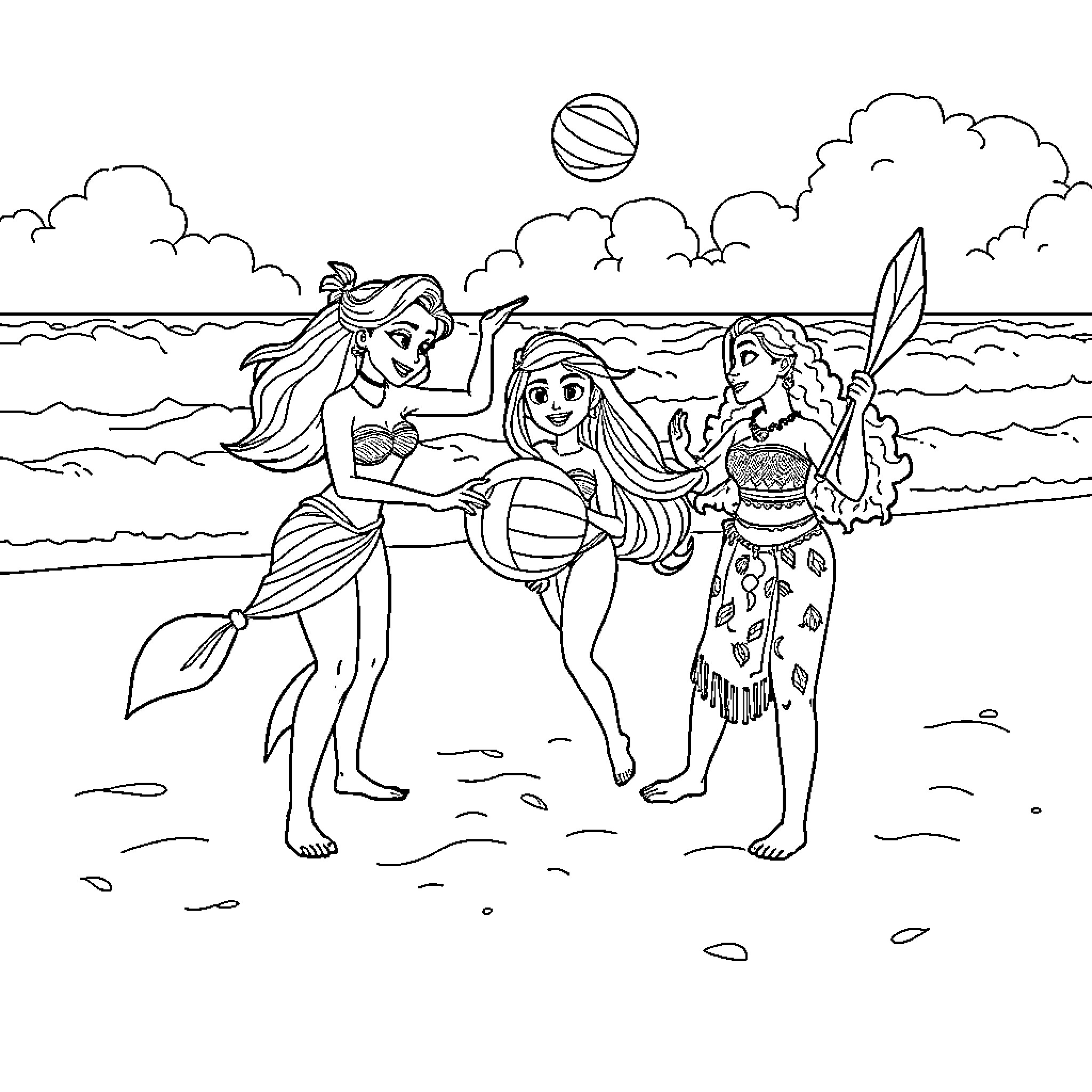 Princess Mermaids Playing and Exploring on the Beach Coloring Page (free black-and-white line drawing printable PDF for all, from beginners to advanced learners, including children, teens, adults, and seniors)
