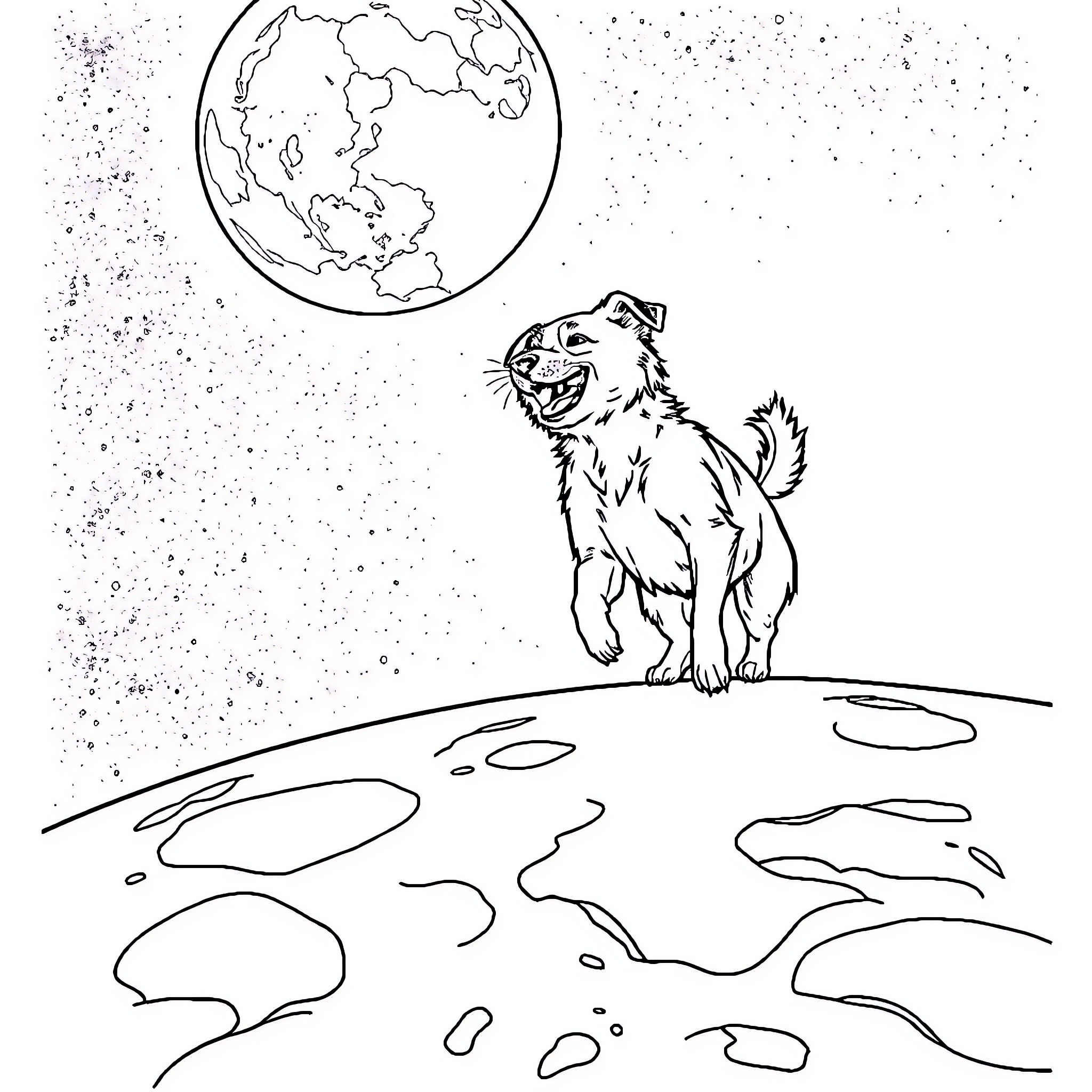 Dog howling at the moon on Earth Coloring Page (free black-and-white line drawing printable PDF for all, from beginners to advanced learners, including children, teens, adults, and seniors)