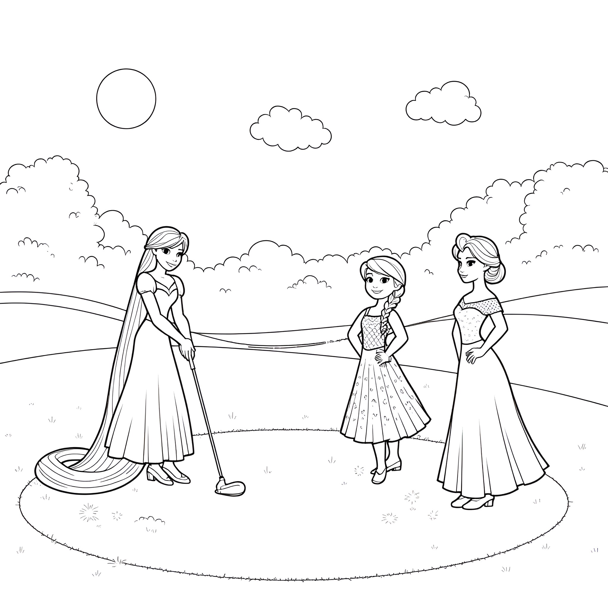 Rapunzel and her friends in a scenic landscape Coloring Page (free black-and-white line drawing printable PDF for all, from beginners to advanced learners, including children, teens, adults, and seniors)