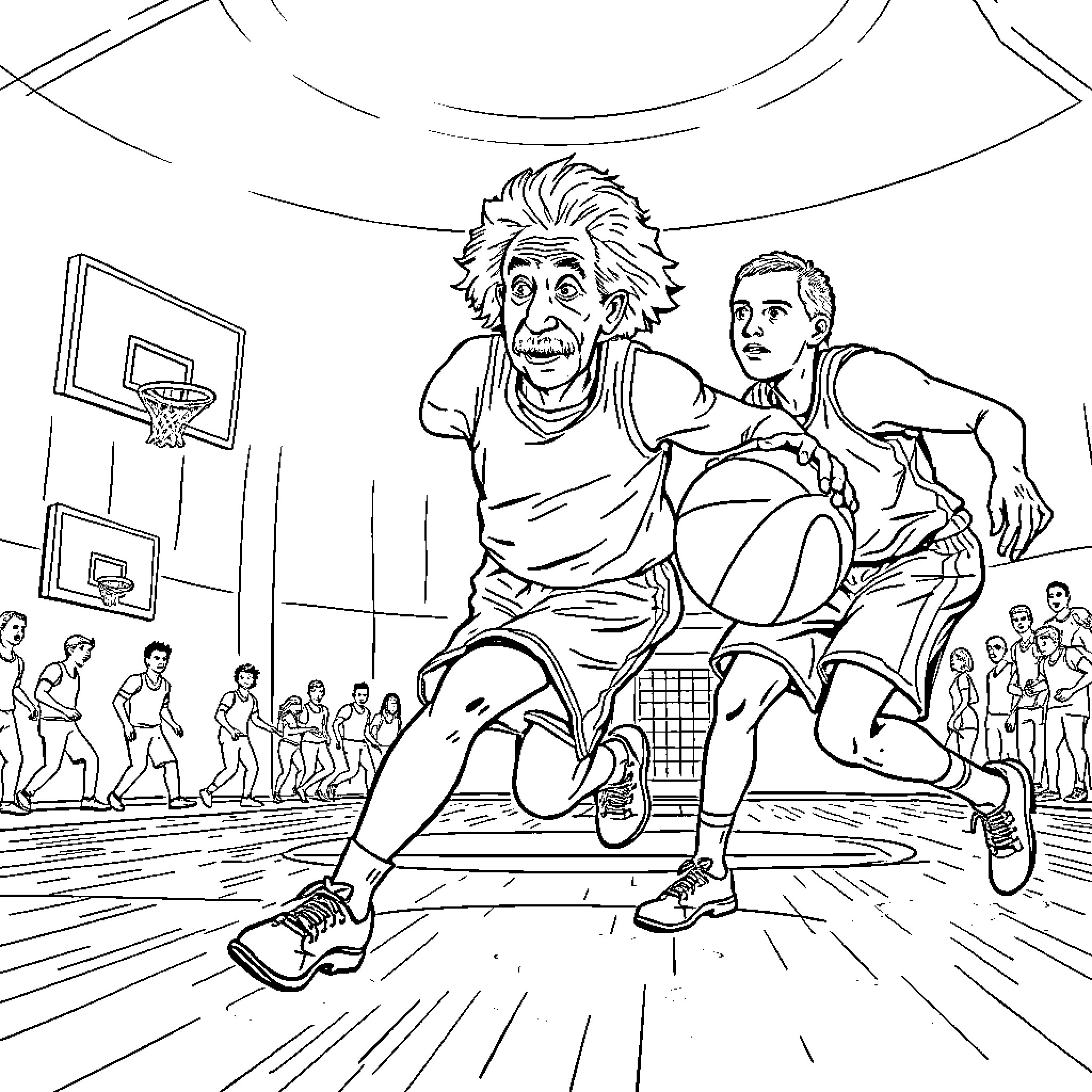 Albert Einstein Playing Basketball with a Young Man Coloring Page (free black-and-white line drawing printable PDF for all, from beginners to advanced learners, including children, teens, adults, and seniors)