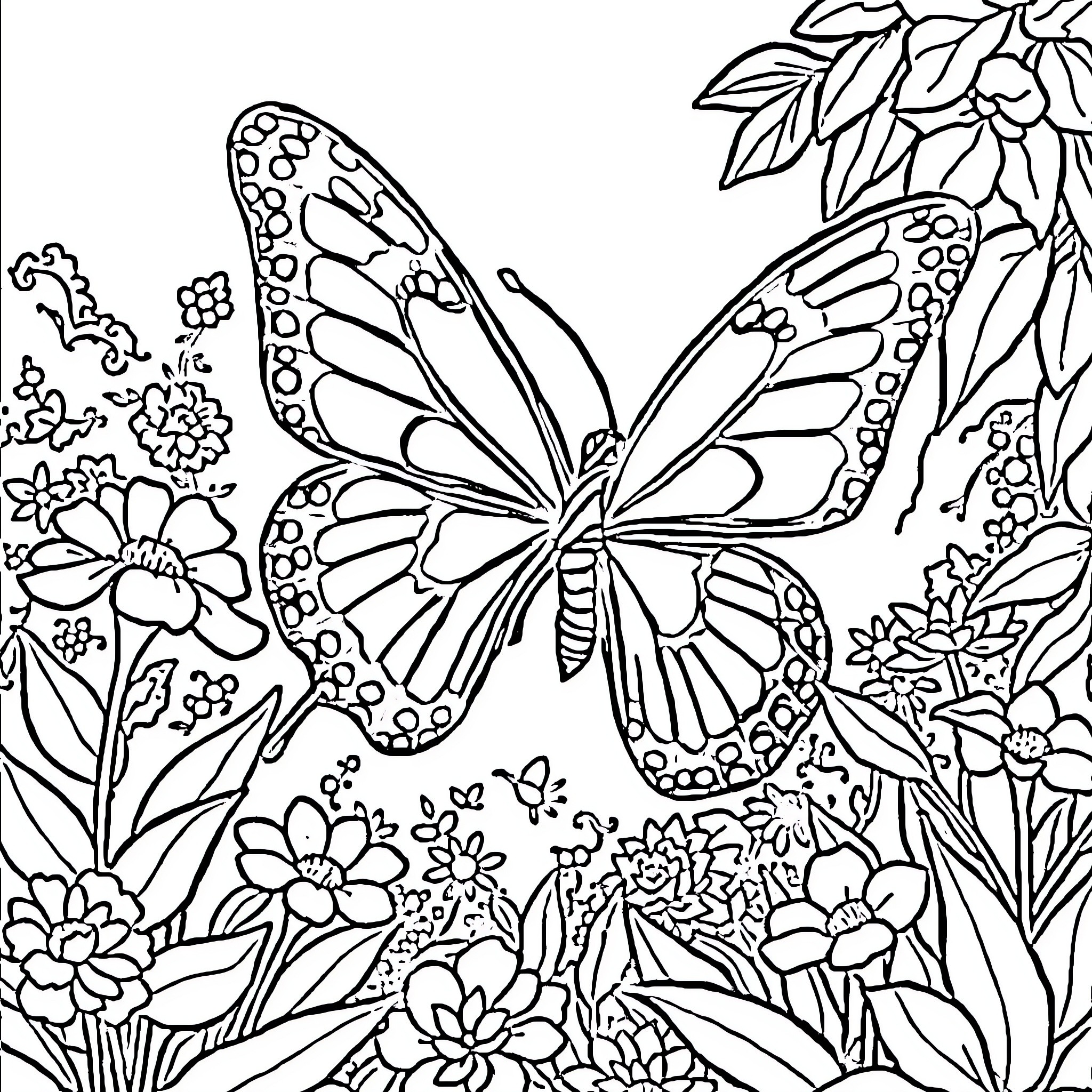 Butterfly resting among vibrant floral garden Coloring Page (free black-and-white line drawing printable PDF for all, from beginners to advanced learners, including children, teens, adults, and seniors)