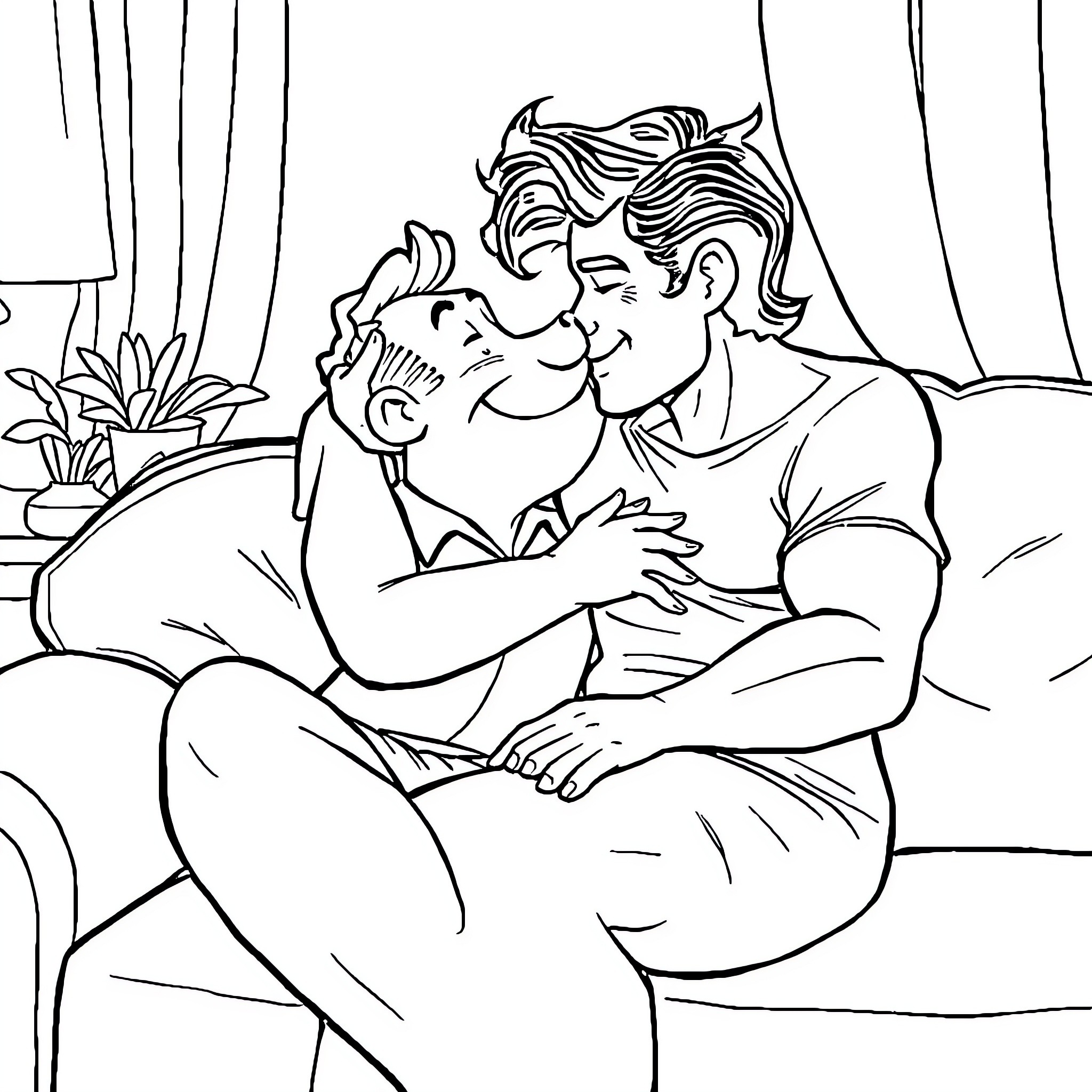 Louis Griffin cuddling and embracing affectionately Coloring Page (free black-and-white line drawing printable PDF for all, from beginners to advanced learners, including children, teens, adults, and seniors)