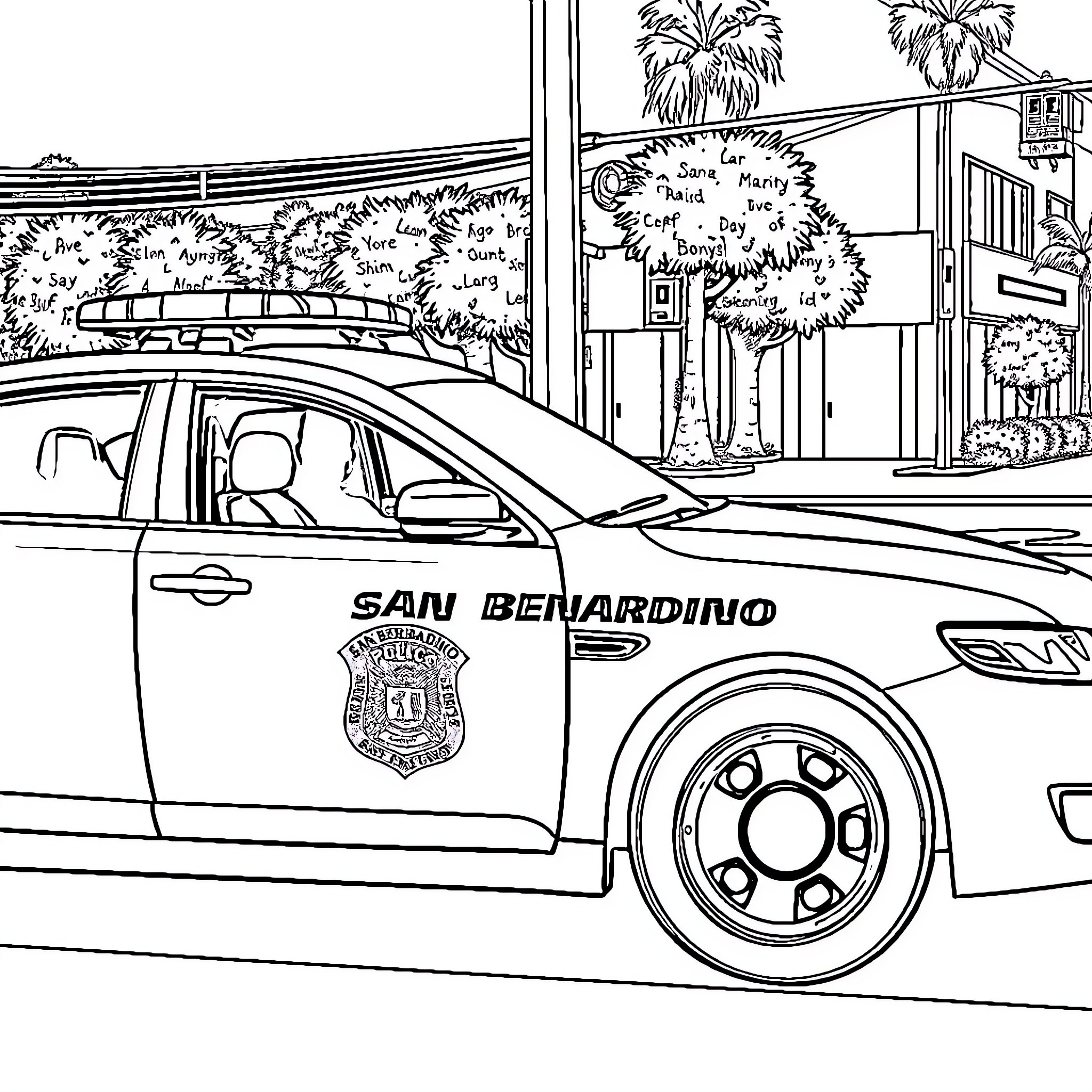 Police Car on Duty in Downtown San Bernardino Coloring Page (free black-and-white line drawing printable PDF for all, from beginners to advanced learners, including children, teens, adults, and seniors)
