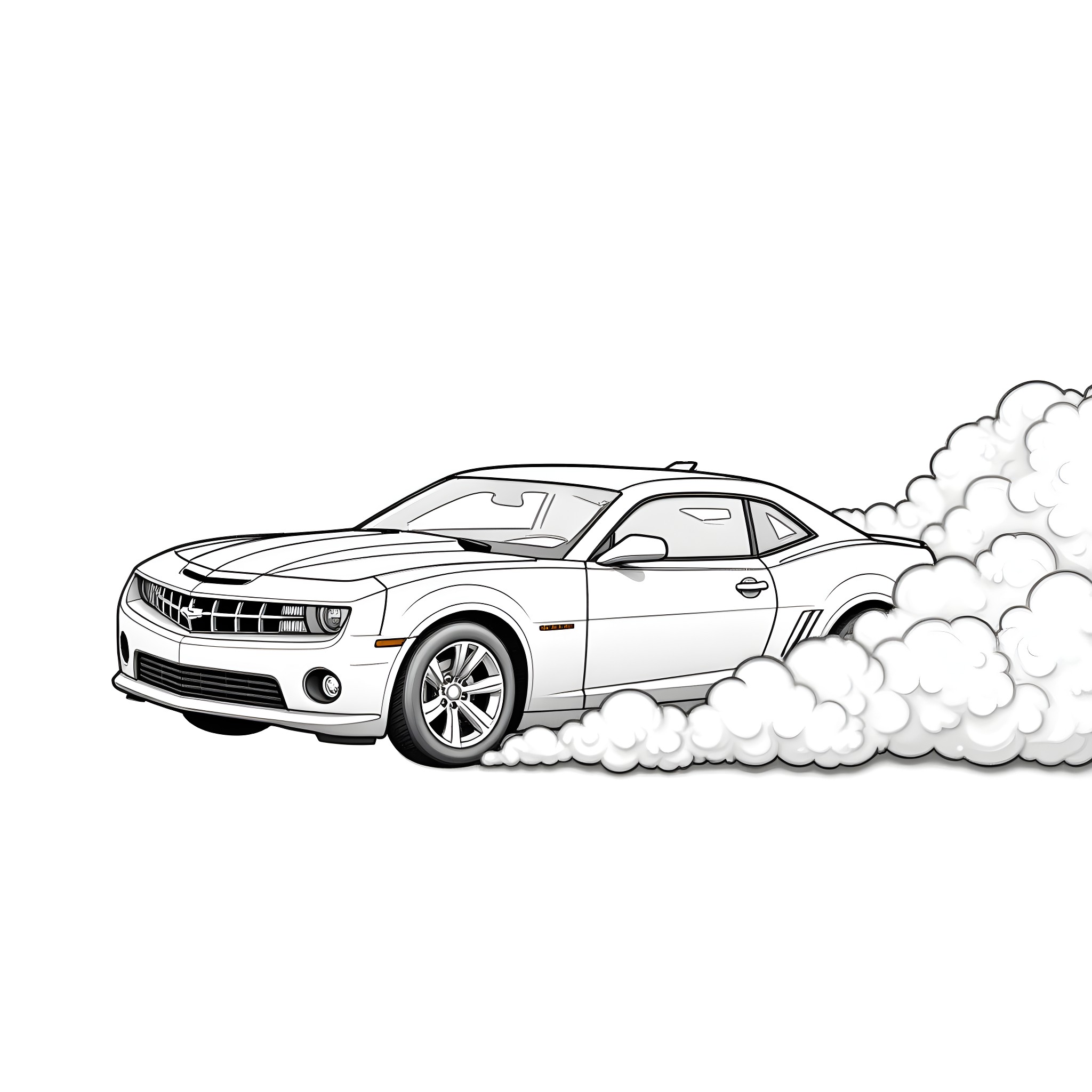 Camaro racing through the clouds Coloring Page (free black-and-white line drawing printable PDF for all, from beginners to advanced learners, including children, teens, adults, and seniors)