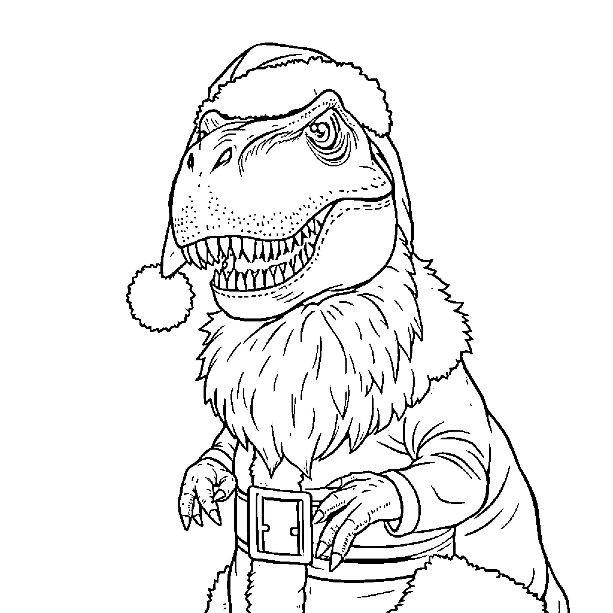 T-Rex Wearing Santa Hat and Enjoying the Holidays Coloring Page (free black-and-white line drawing printable PDF for all, from beginners to advanced learners, including children, teens, adults, and seniors)