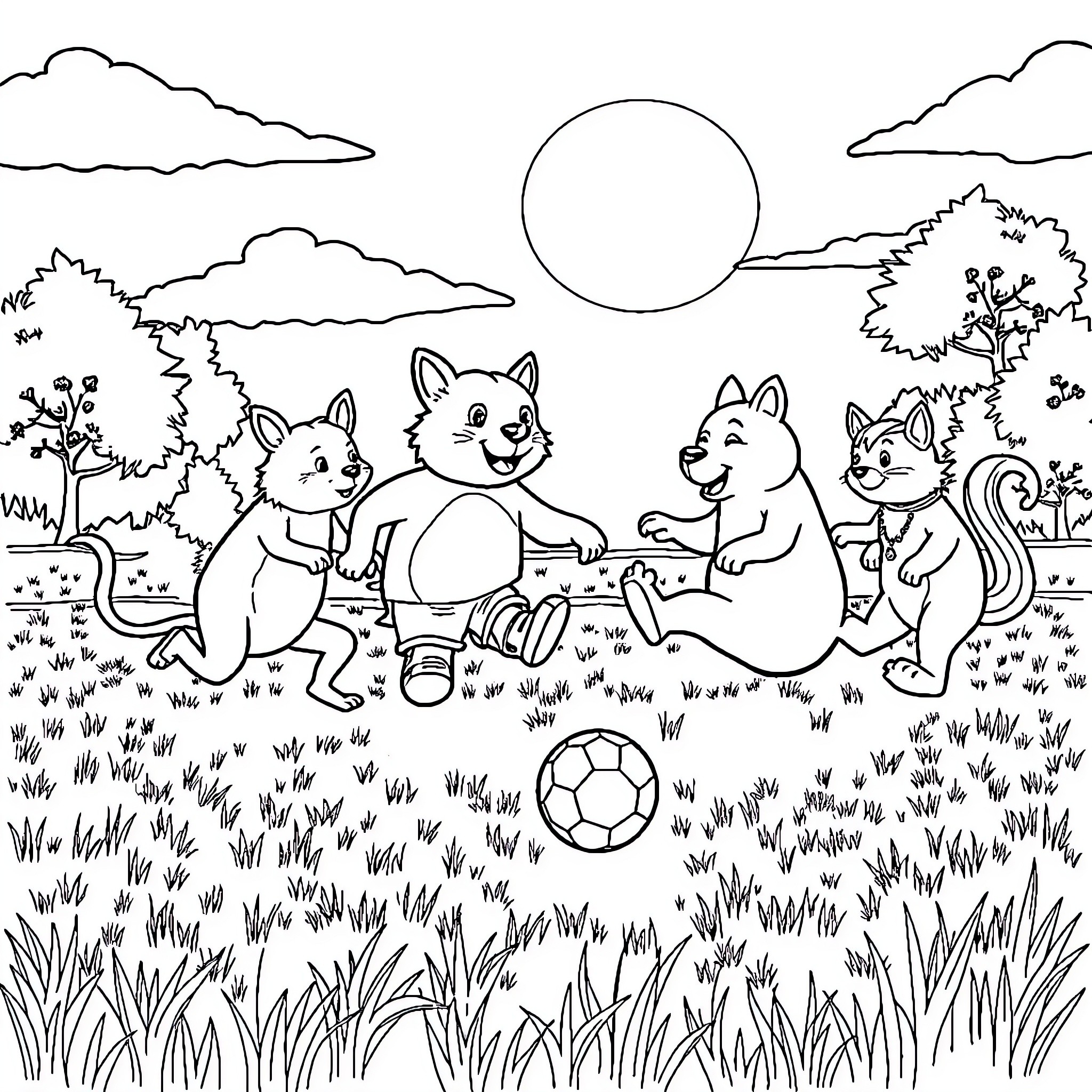 Animals playing happily in the park Coloring Page (free black-and-white line drawing printable PDF for all, from beginners to advanced learners, including children, teens, adults, and seniors)