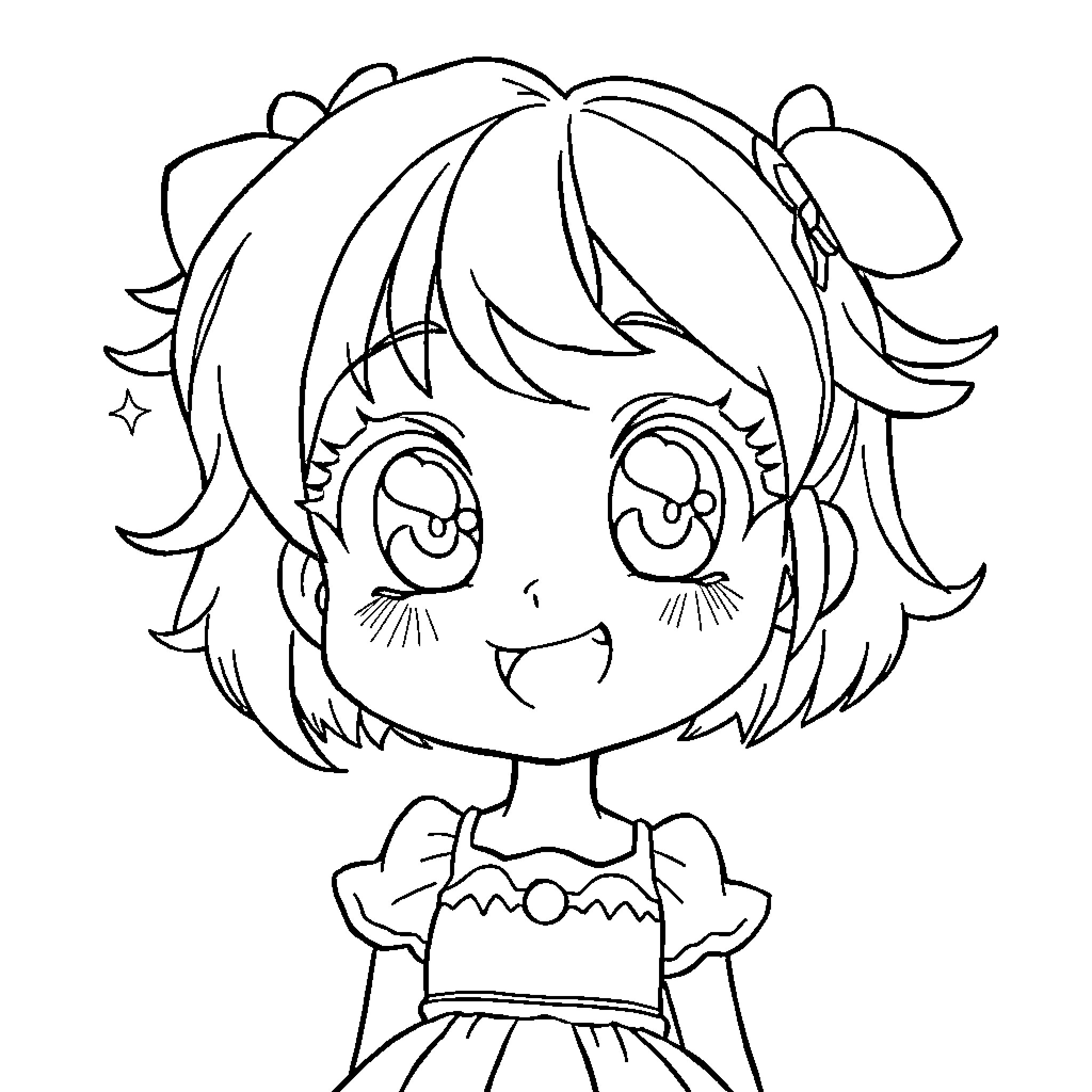 Anime Girl with Cute Expressions Coloring Page (free black-and-white line drawing printable PDF for all, from beginners to advanced learners, including children, teens, adults, and seniors)