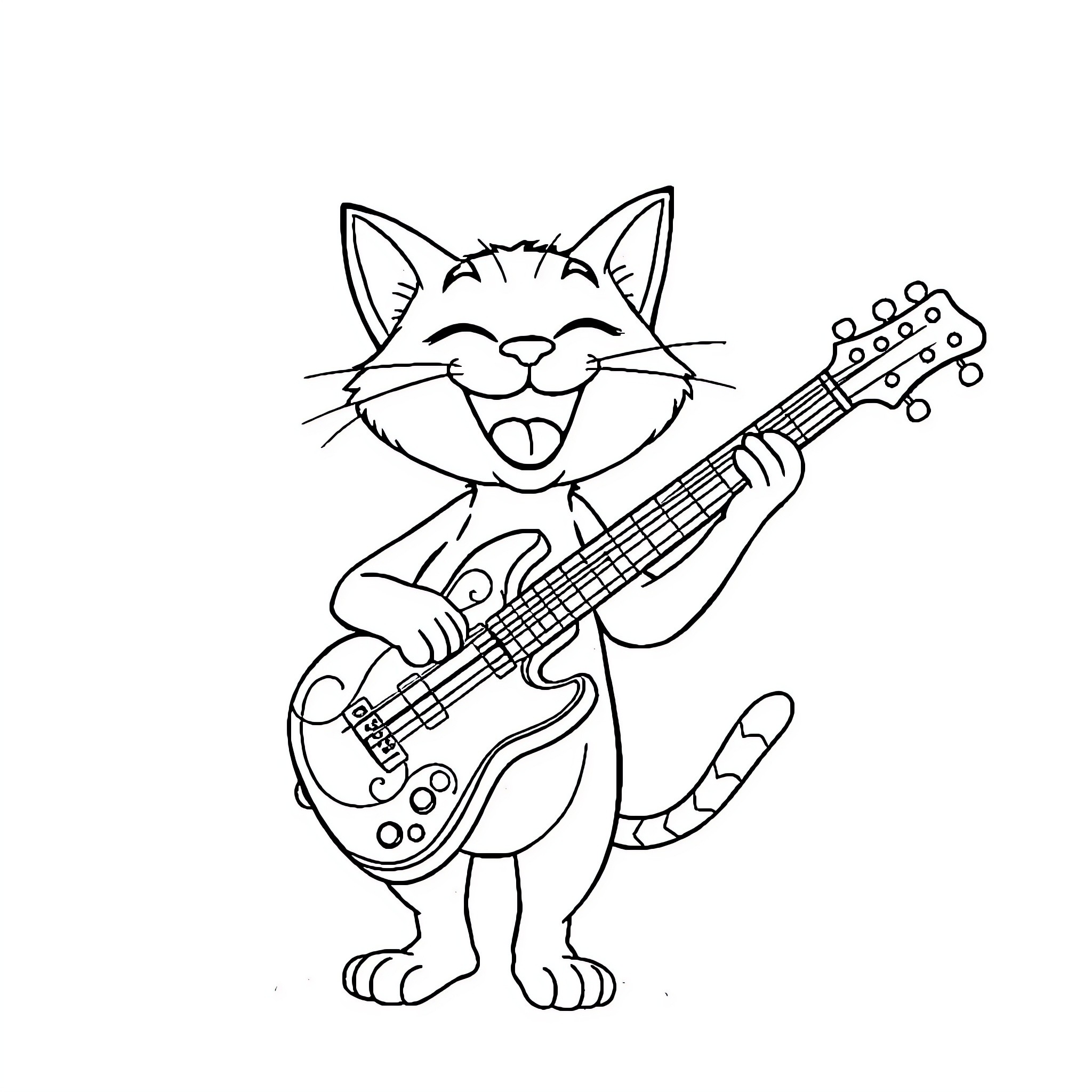 Cat playing a guitar with a joyful expression Coloring Page (free black-and-white line drawing printable PDF for all, from beginners to advanced learners, including children, teens, adults, and seniors)