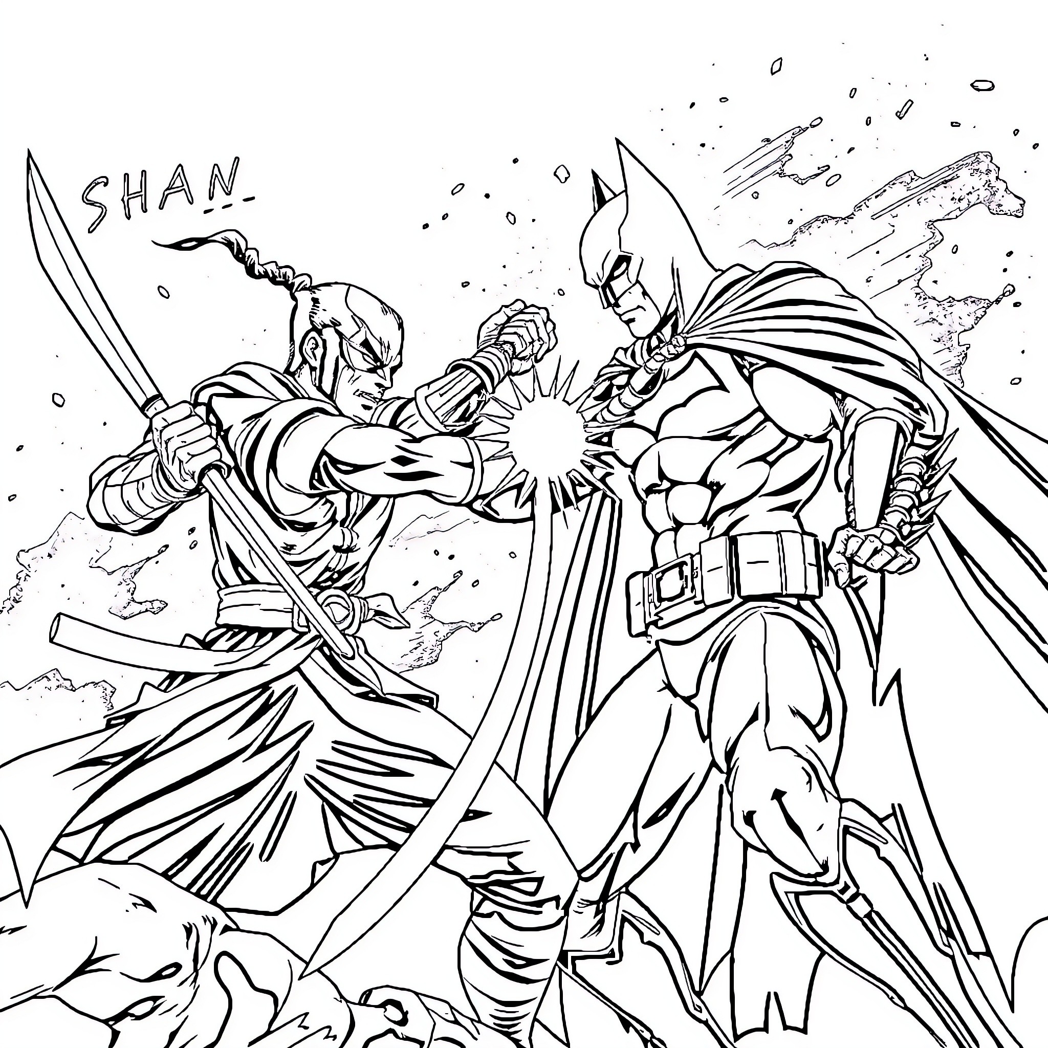 Zoro's Fierce Battle with the Masked Warrior Coloring Page (free black-and-white line drawing printable PDF for all, from beginners to advanced learners, including children, teens, adults, and seniors)
