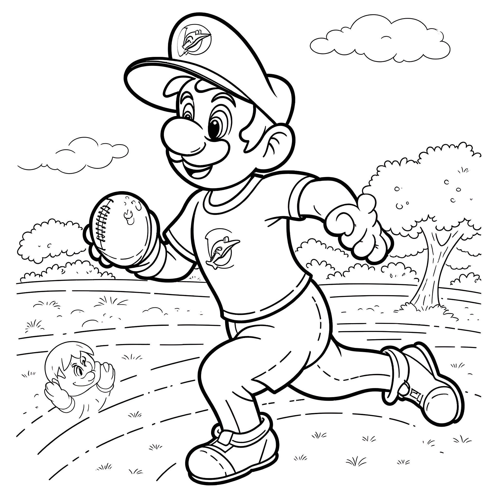 Luigi playing baseball in a field Coloring Page (free black-and-white line drawing printable PDF for all, from beginners to advanced learners, including children, teens, adults, and seniors)
