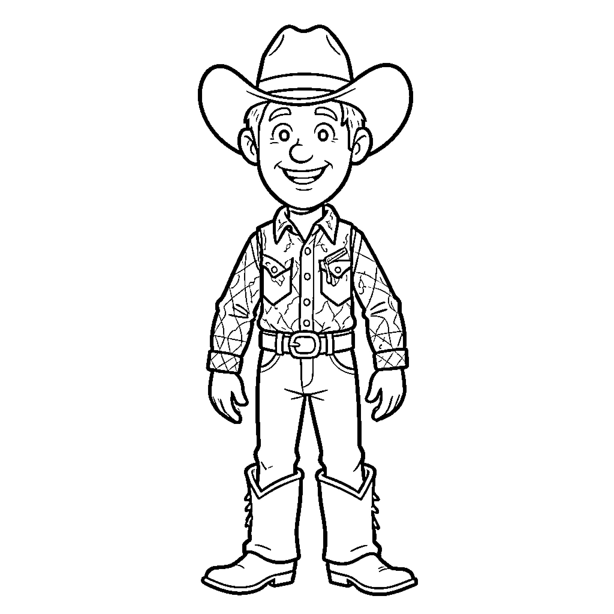 Woody smiling in a cowboy outfit and hat Coloring Page (free black-and-white line drawing printable PDF for all, from beginners to advanced learners, including children, teens, adults, and seniors)