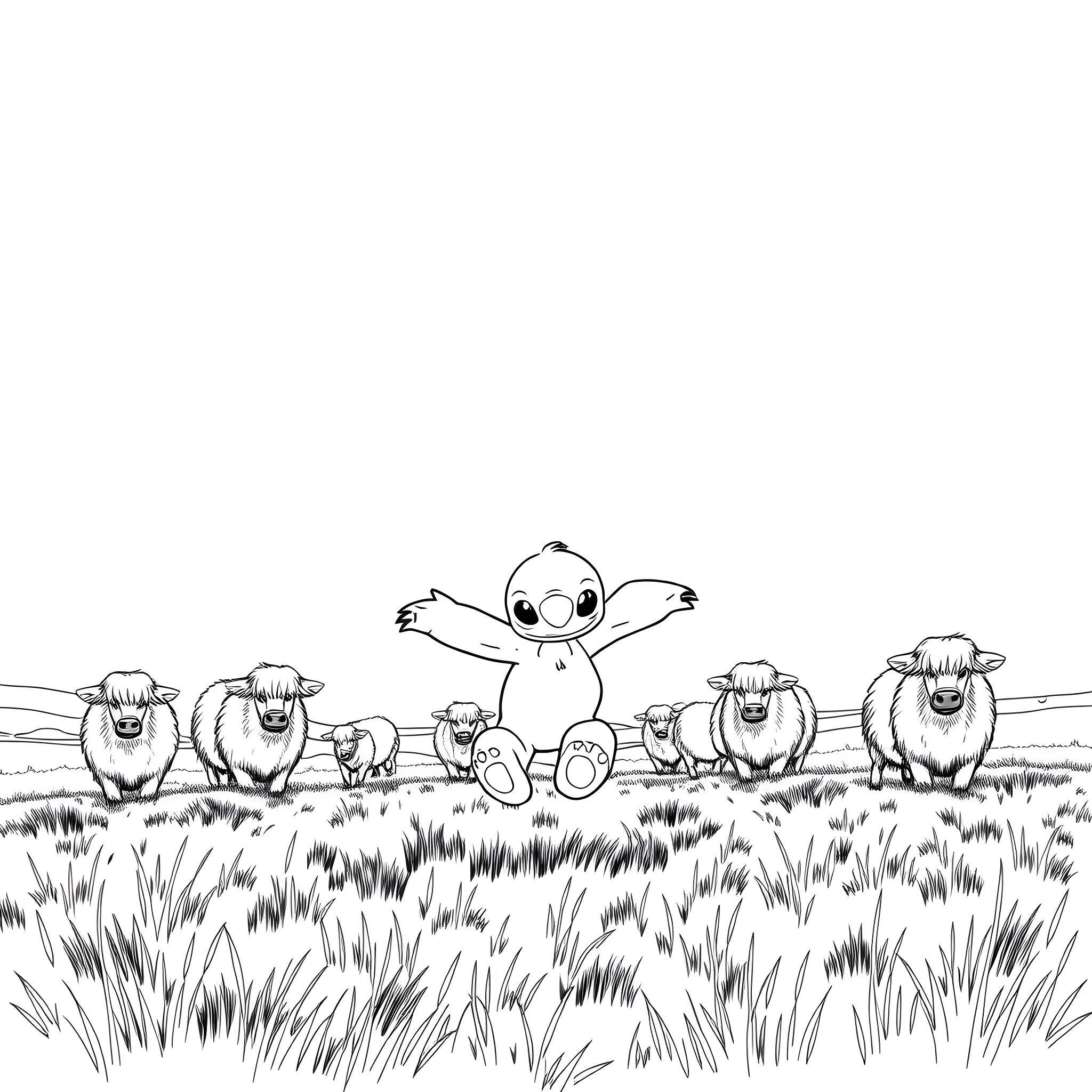 Stitch with happy sheep in grassy meadow Coloring Page (free black-and-white line drawing printable PDF for all, from beginners to advanced learners, including children, teens, adults, and seniors)