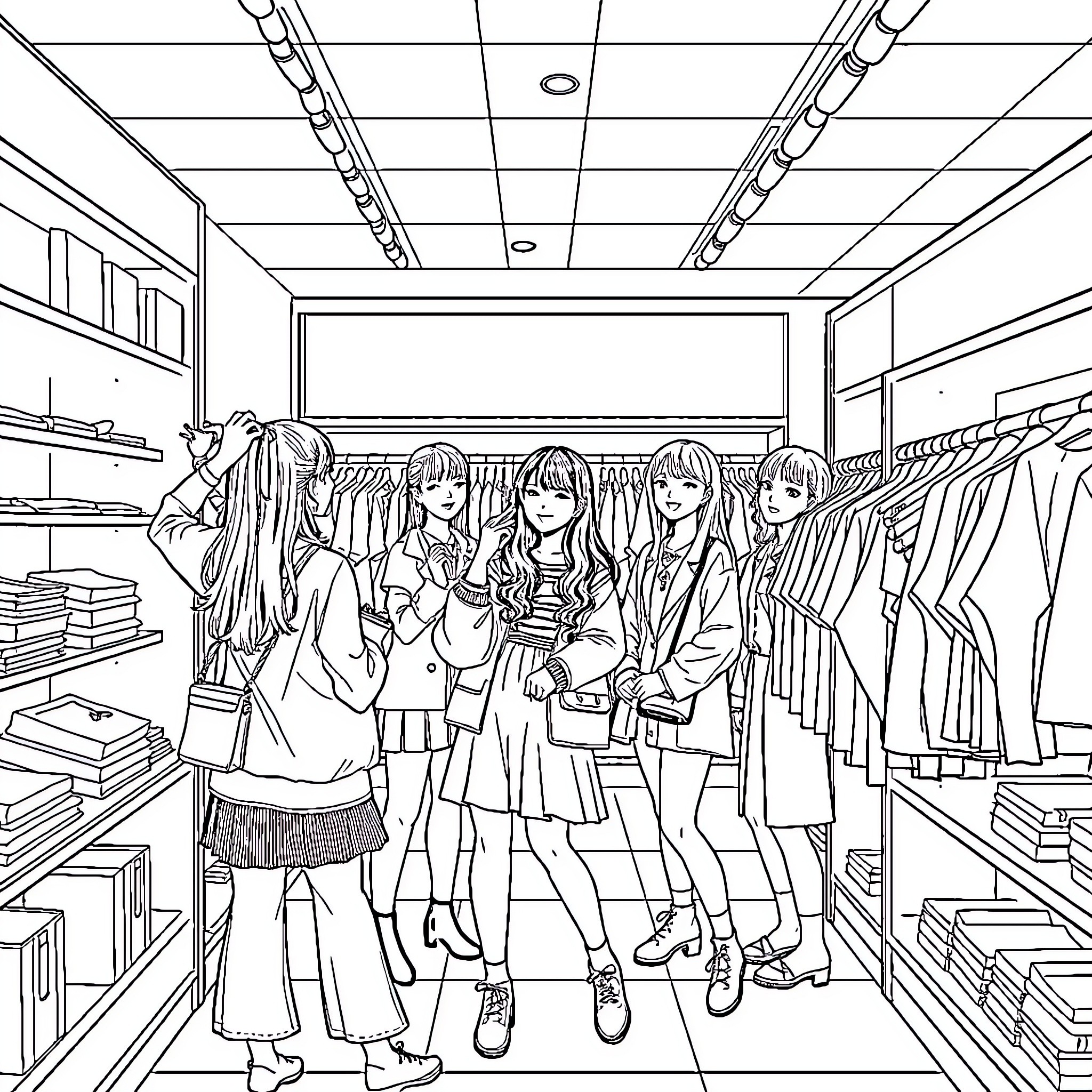 Blackpink group exploring a stylish fashion boutique Coloring Page (free black-and-white line drawing printable PDF for all, from beginners to advanced learners, including children, teens, adults, and seniors)