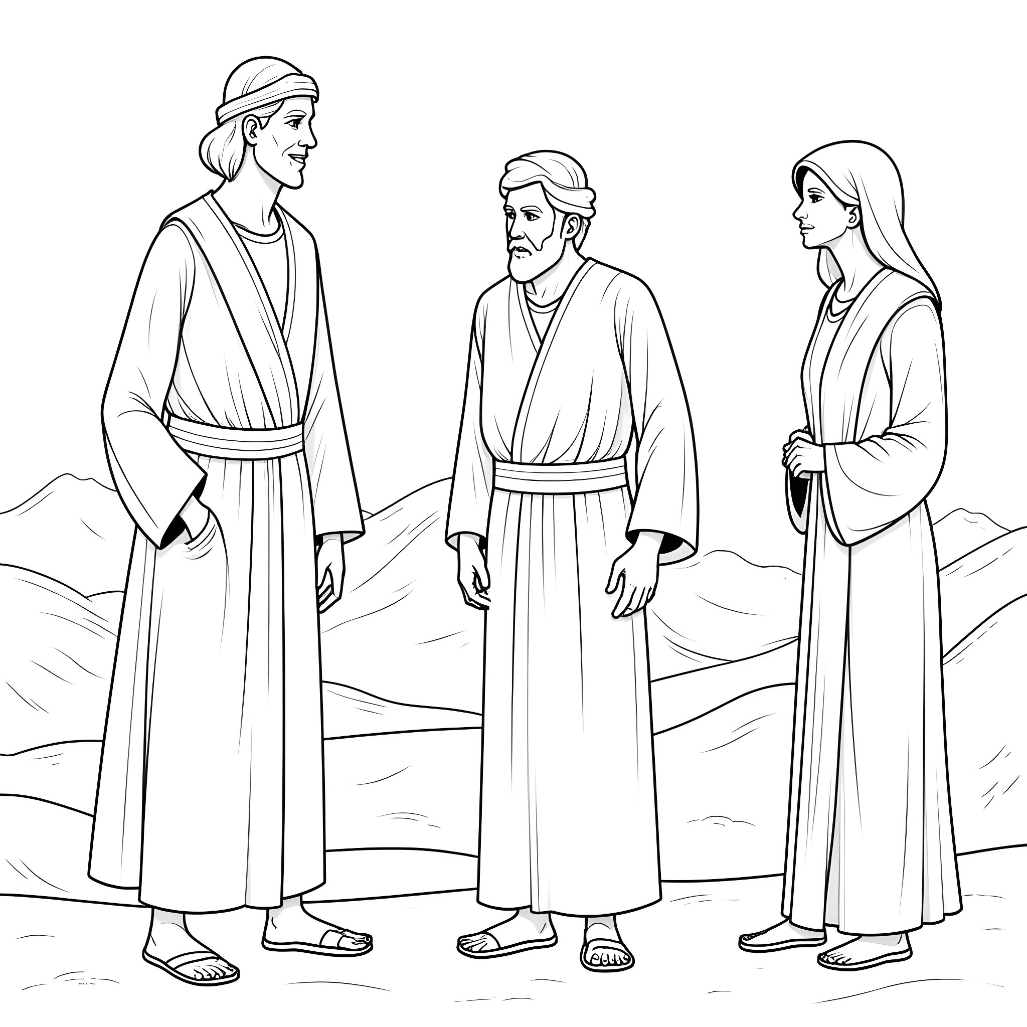 Biblical Characters in Robes and Sandals Coloring Page (free black-and-white line drawing printable PDF for all, from beginners to advanced learners, including children, teens, adults, and seniors)