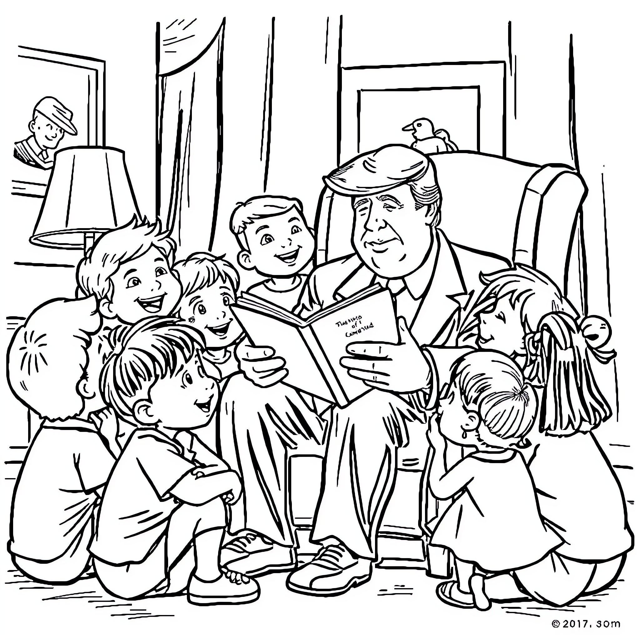 Donald Trump reading to children in a cozy room Coloring Page (free black-and-white line drawing printable PDF for all, from beginners to advanced learners, including children, teens, adults, and seniors)