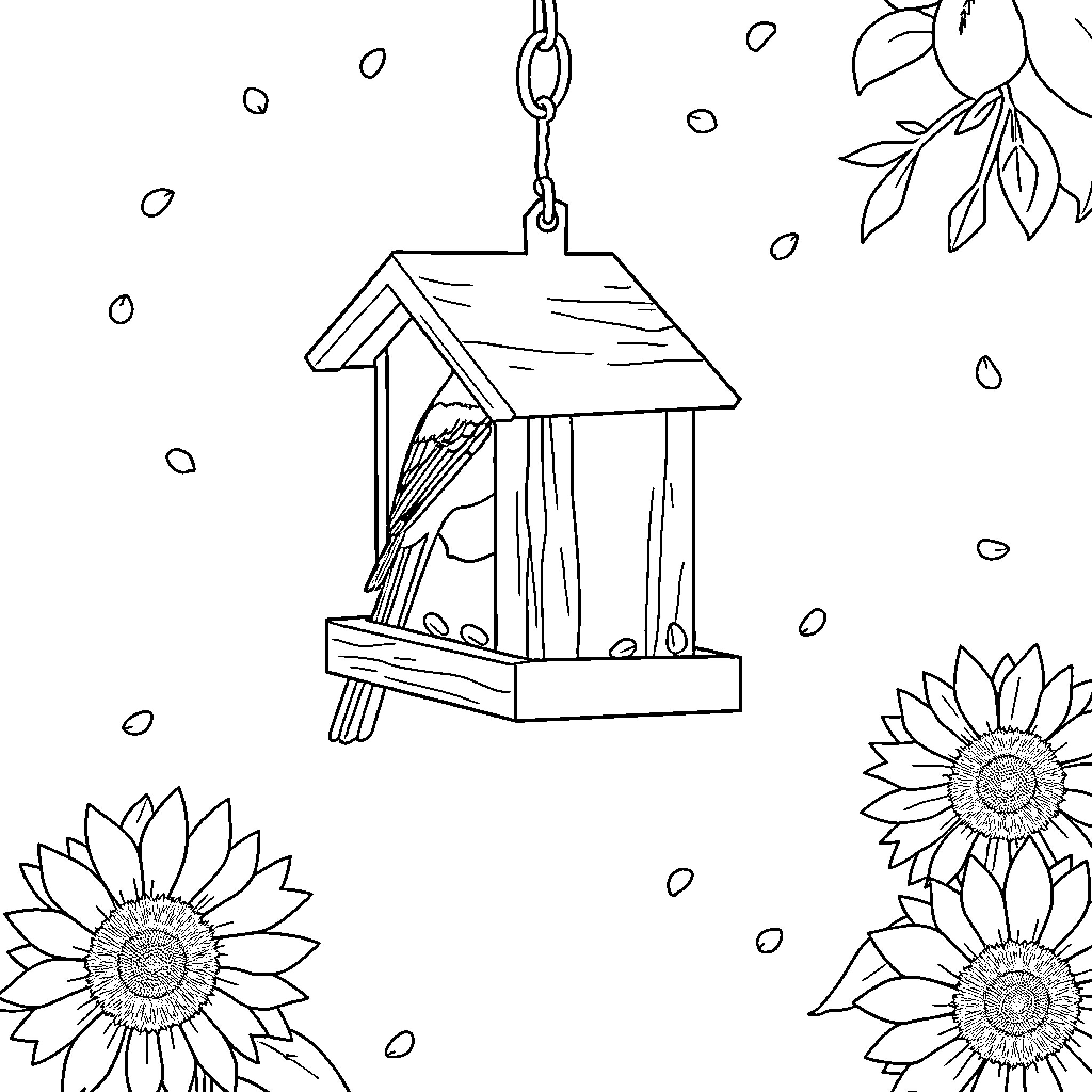 Cardinal Birdhouse in a Sunflower Field Coloring Page (free black-and-white line drawing printable PDF for all, from beginners to advanced learners, including children, teens, adults, and seniors)