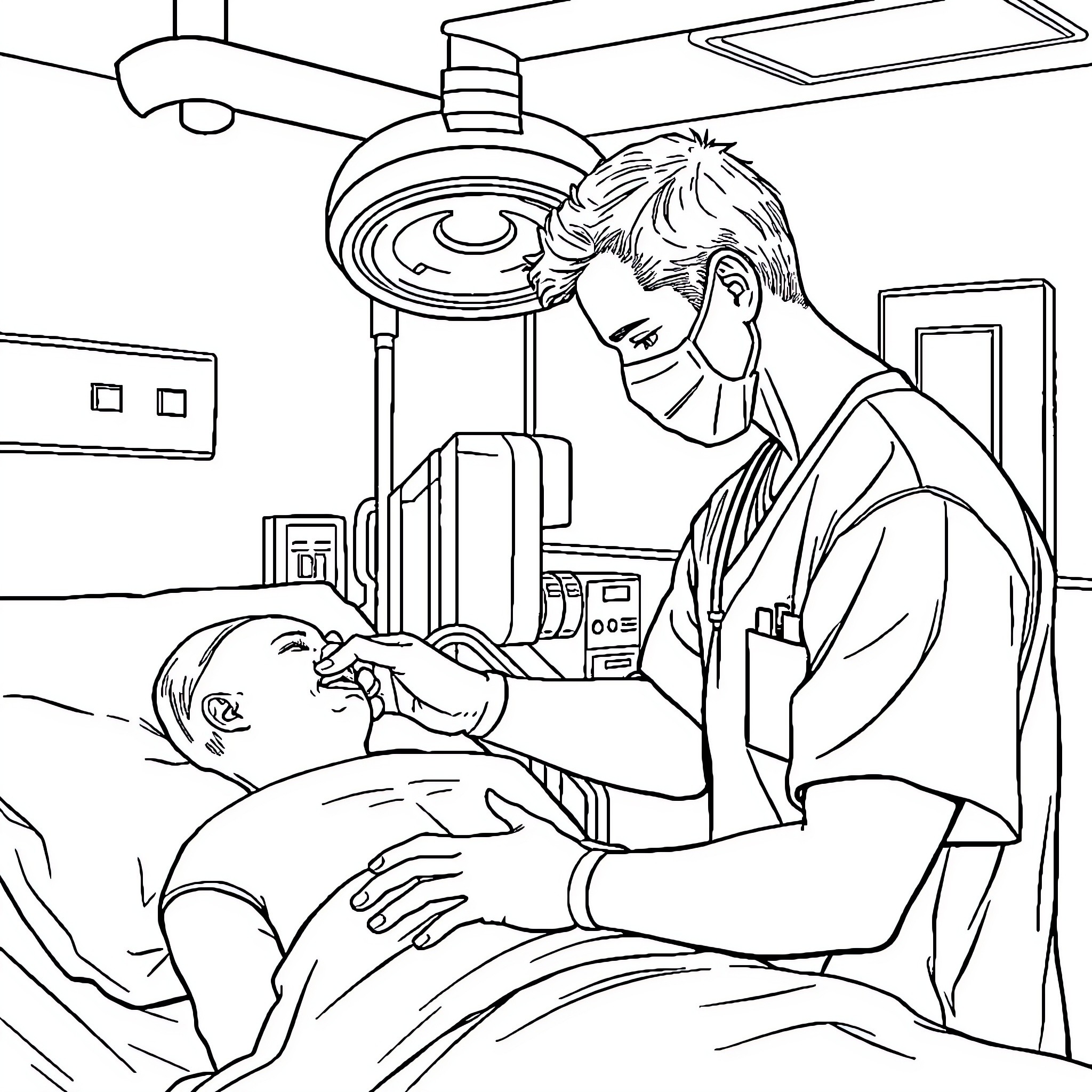 Nurse caring for patient in hospital room Coloring Page (free black-and-white line drawing printable PDF for all, from beginners to advanced learners, including children, teens, adults, and seniors)