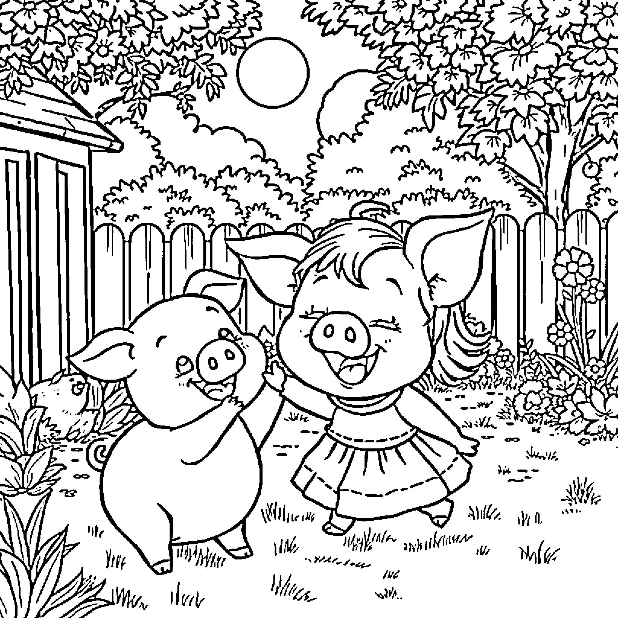 Pig friends playing in the garden Coloring Page (free black-and-white line drawing printable PDF for all, from beginners to advanced learners, including children, teens, adults, and seniors)