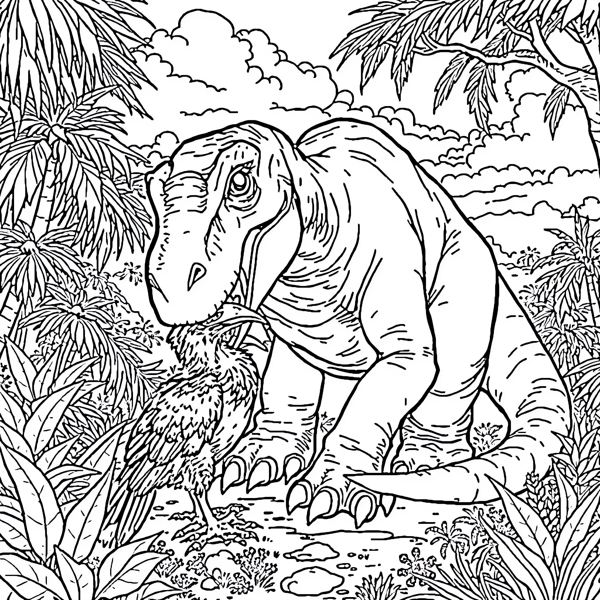 Dinosaur exploring a lush tropical landscape Coloring Page (free black-and-white line drawing printable PDF for all, from beginners to advanced learners, including children, teens, adults, and seniors)