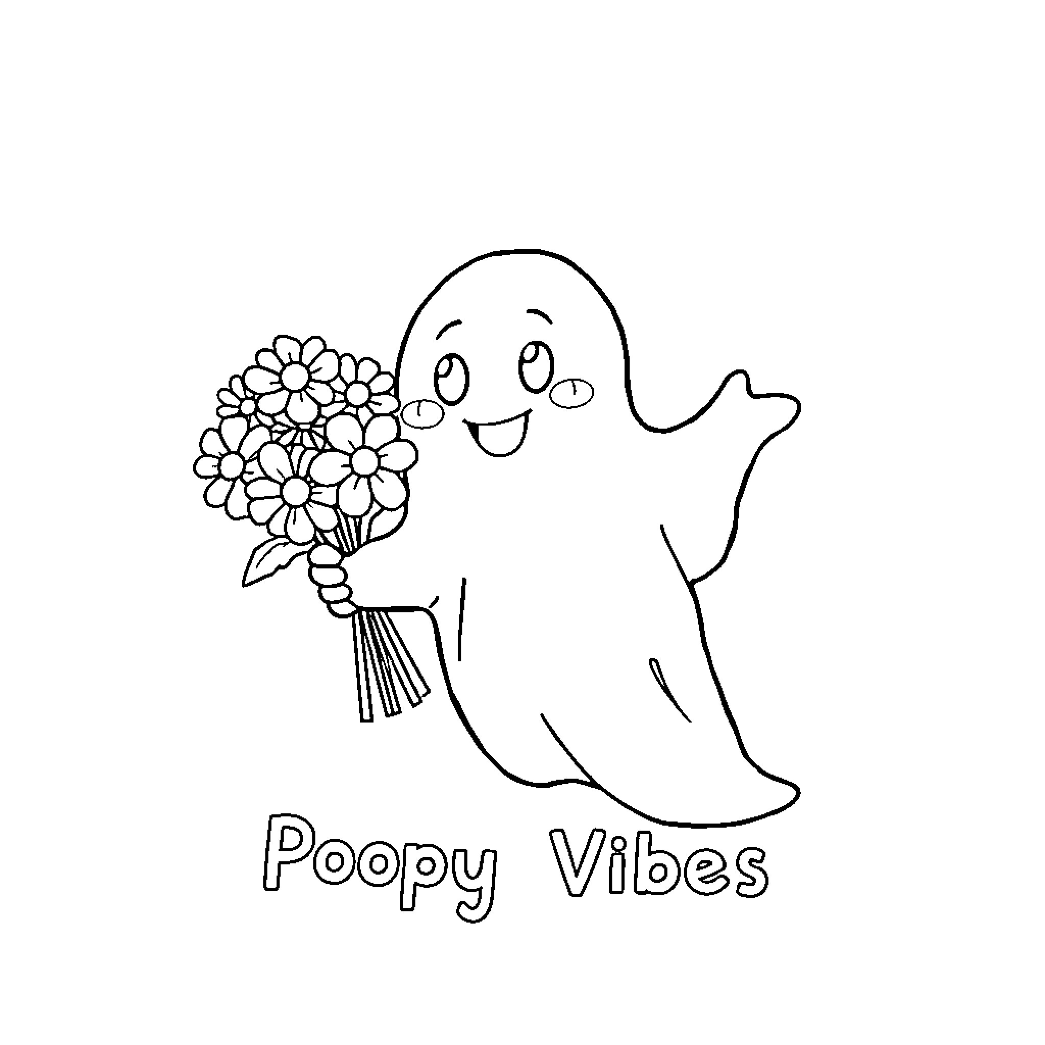 Ghost holding a bouquet of flowers Coloring Page (free black-and-white line drawing printable PDF for all, from beginners to advanced learners, including children, teens, adults, and seniors)