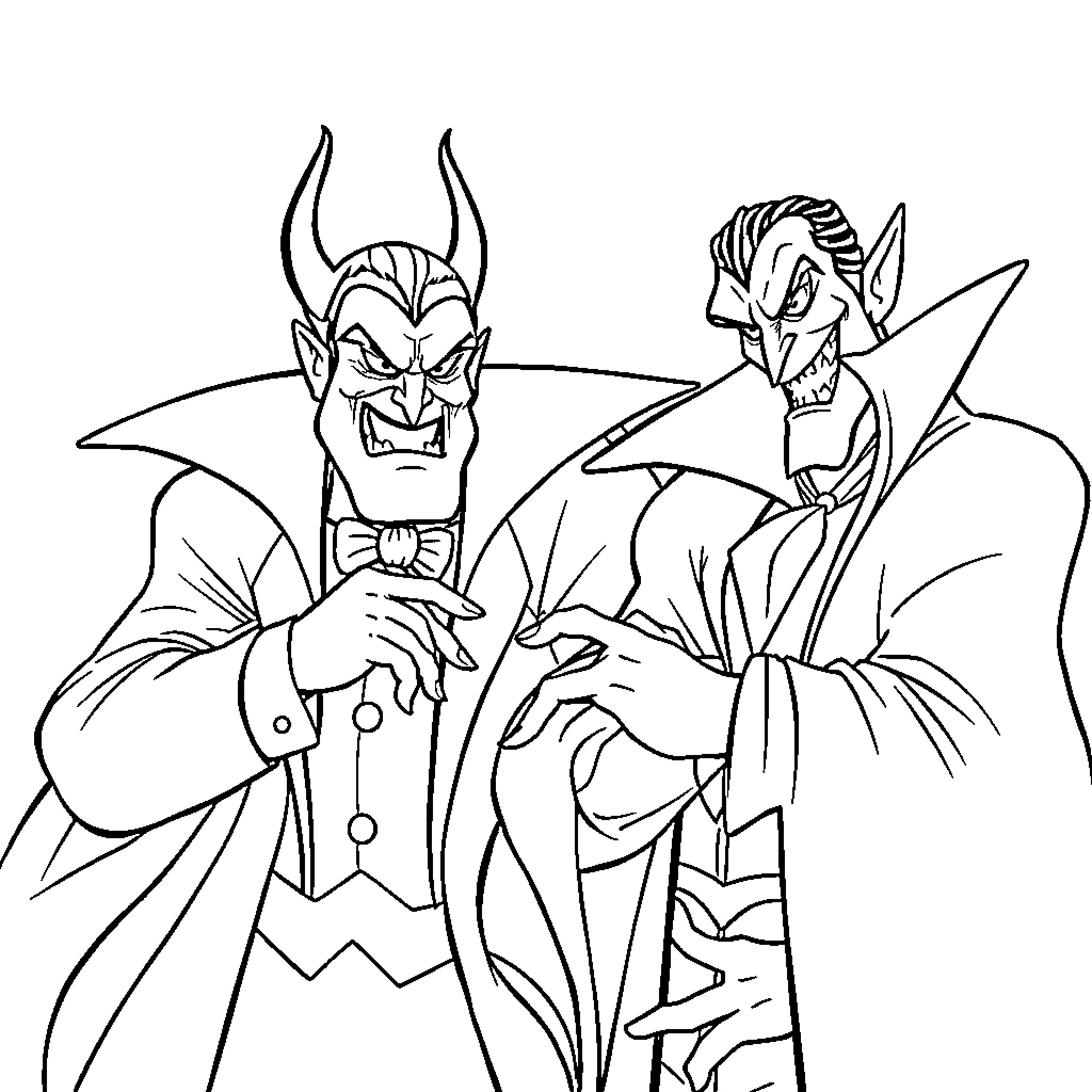 Disney Villains in Menacing Poses Coloring Page (free black-and-white line drawing printable PDF for all, from beginners to advanced learners, including children, teens, adults, and seniors)