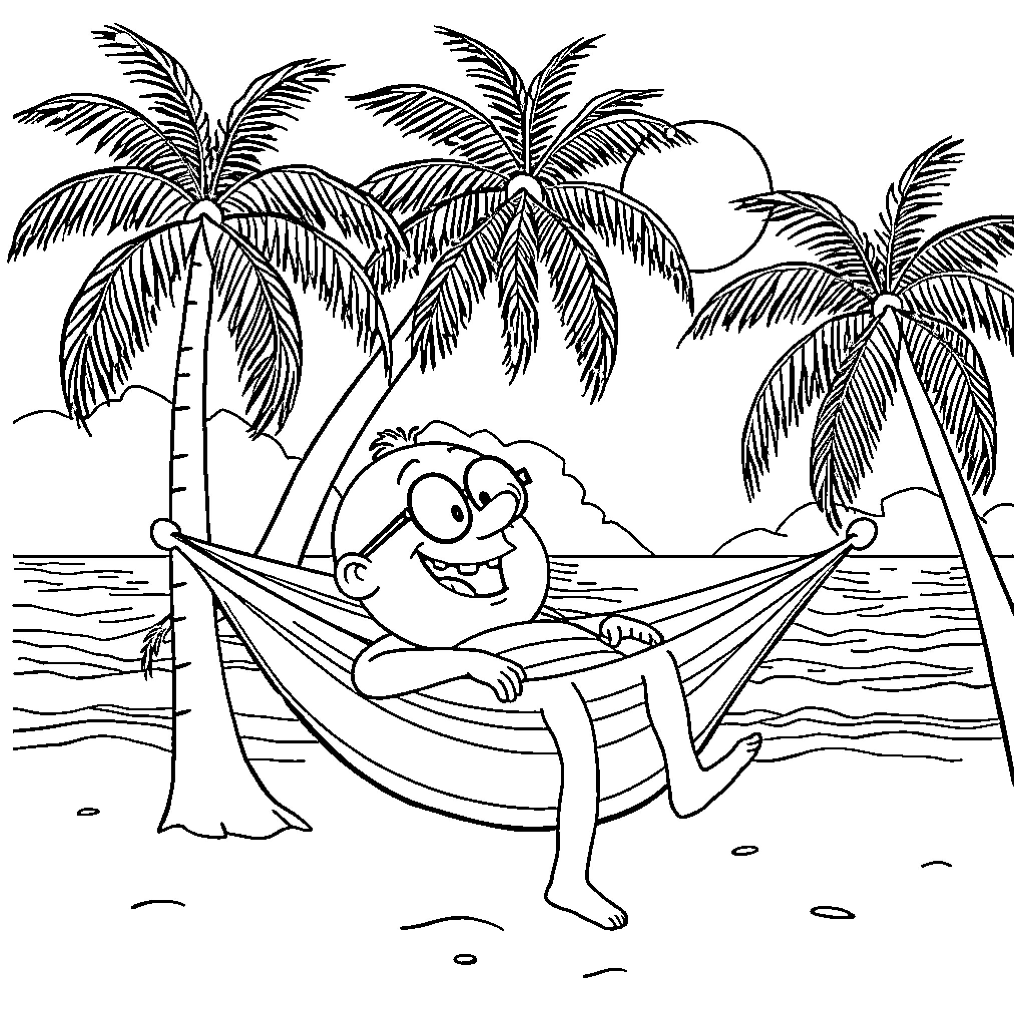 Bob esponja relaxing in a hammock on the beach Coloring Page (free black-and-white line drawing printable PDF for all, from beginners to advanced learners, including children, teens, adults, and seniors)