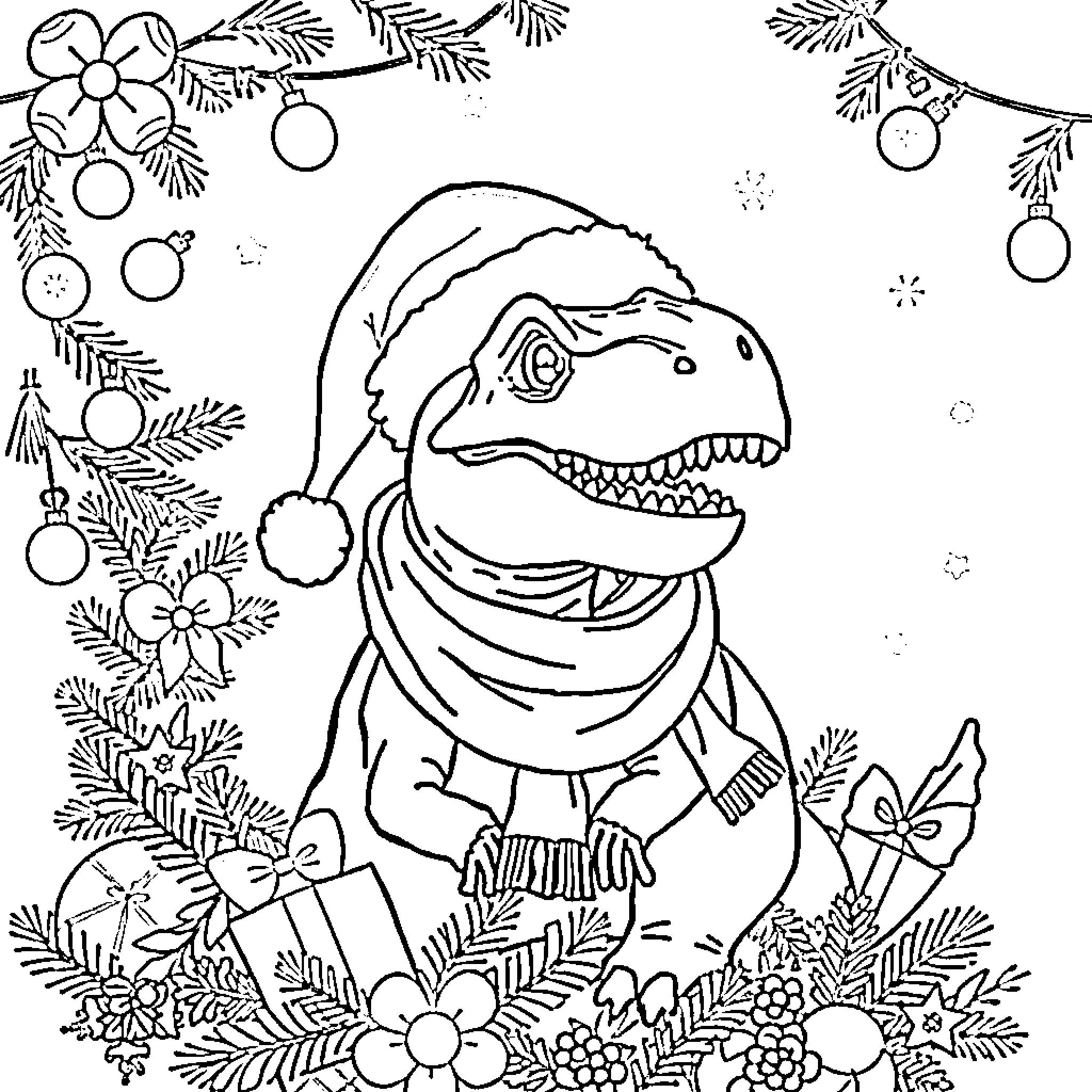 T-Rex Wearing Santa Hat in Winter Wonderland Coloring Page (free black-and-white line drawing printable PDF for all, from beginners to advanced learners, including children, teens, adults, and seniors)