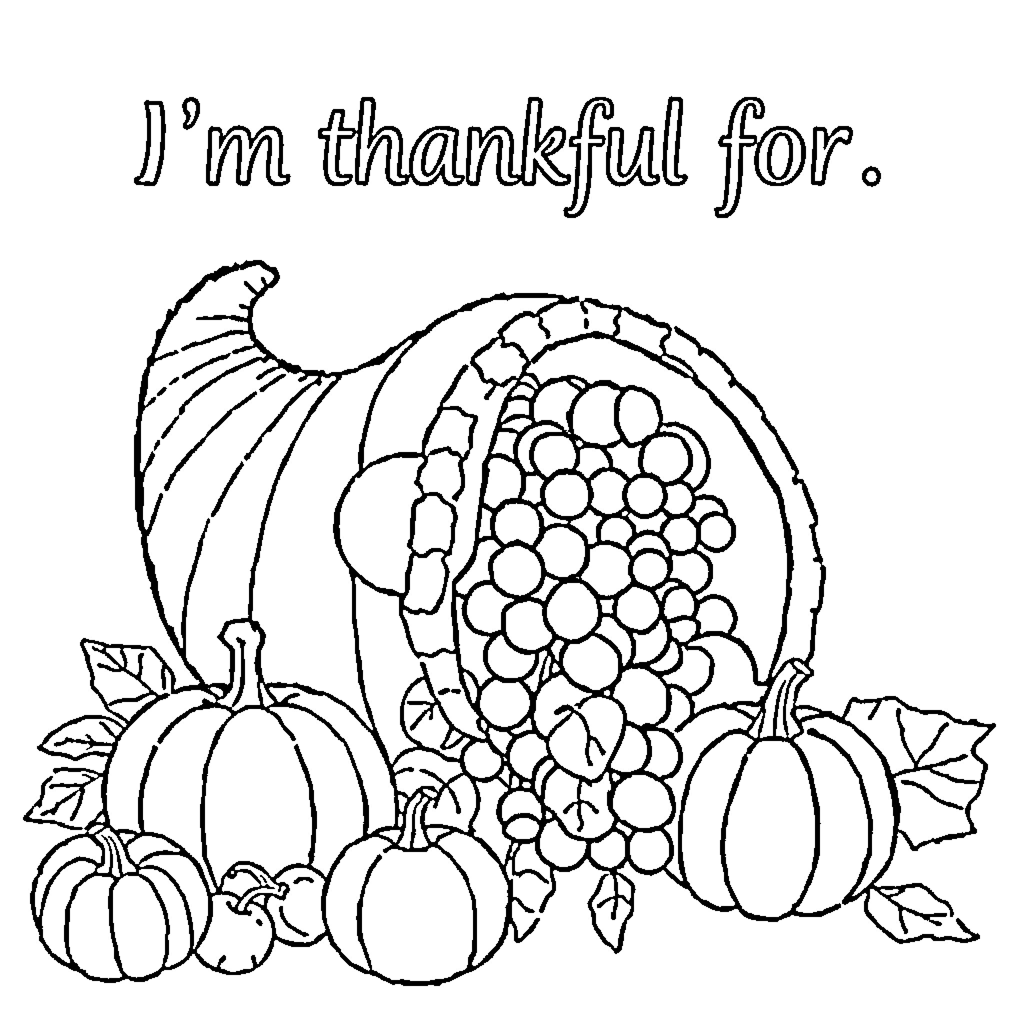 Cornucopia of Bountiful Harvest Blessings Coloring Page (free black-and-white line drawing printable PDF for all, from beginners to advanced learners, including children, teens, adults, and seniors)