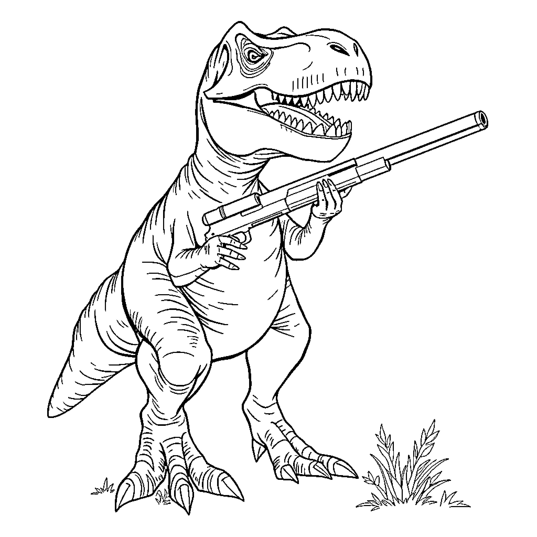 Tyrannosaurus Rex armed with a rifle Coloring Page (free black-and-white line drawing printable PDF for all, from beginners to advanced learners, including children, teens, adults, and seniors)
