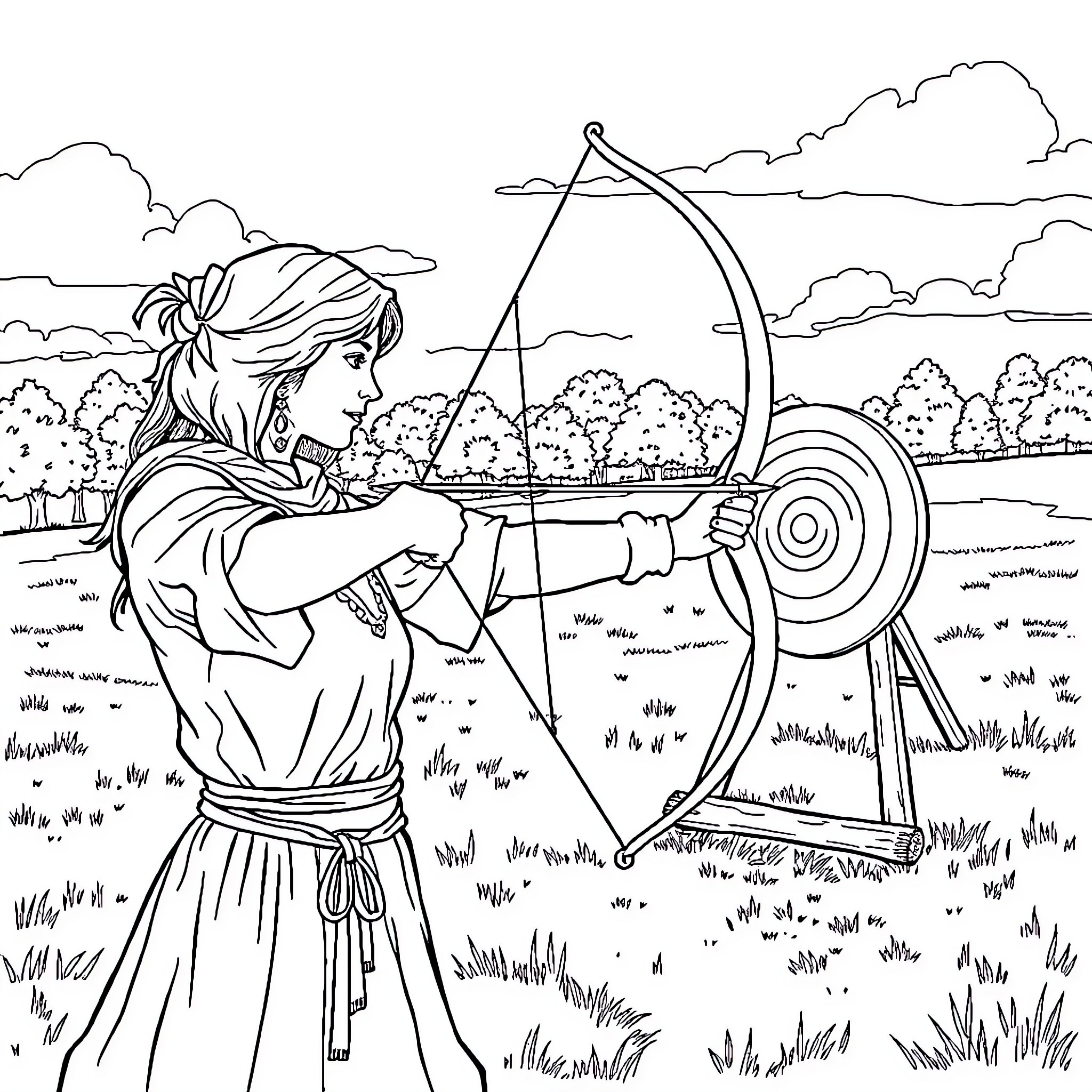 Woman practicing archery in the countryside Coloring Page (free black-and-white line drawing printable PDF for all, from beginners to advanced learners, including children, teens, adults, and seniors)