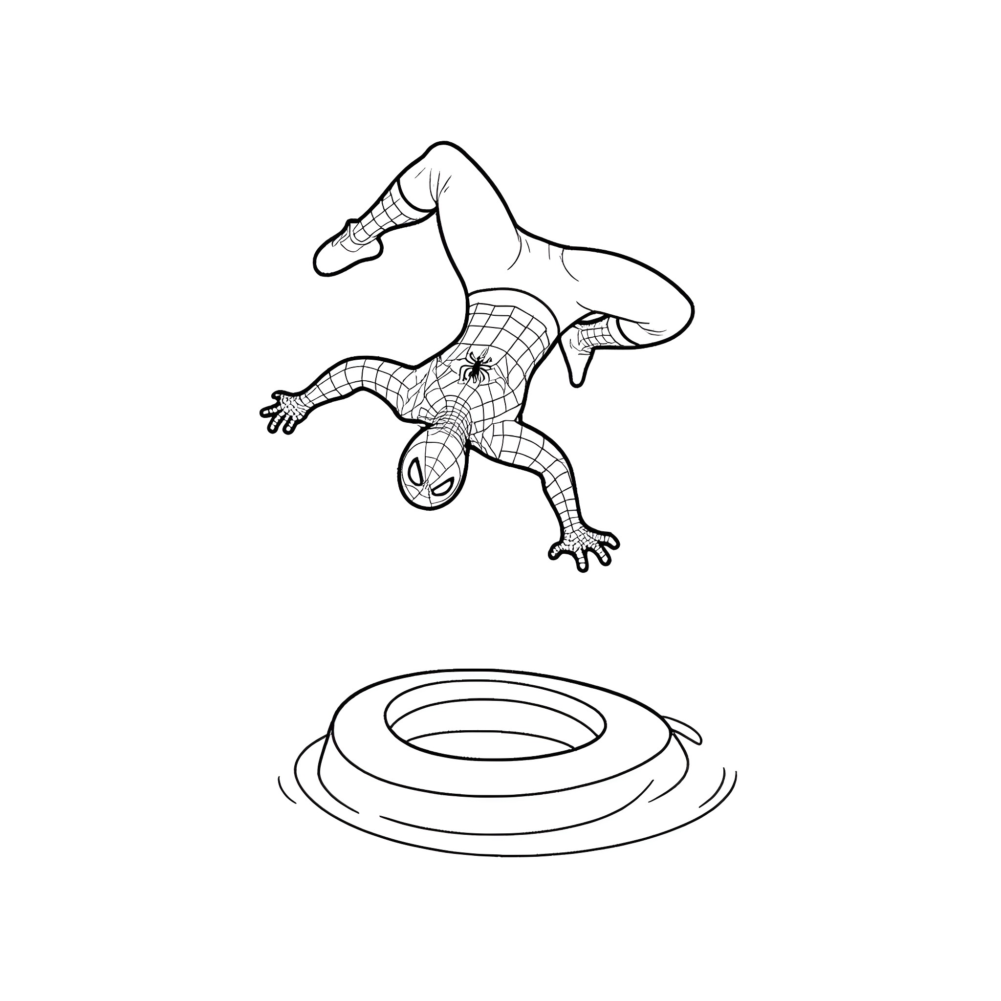 Spiderman performing acrobatic stunt with web Coloring Page (free black-and-white line drawing printable PDF for all, from beginners to advanced learners, including children, teens, adults, and seniors)