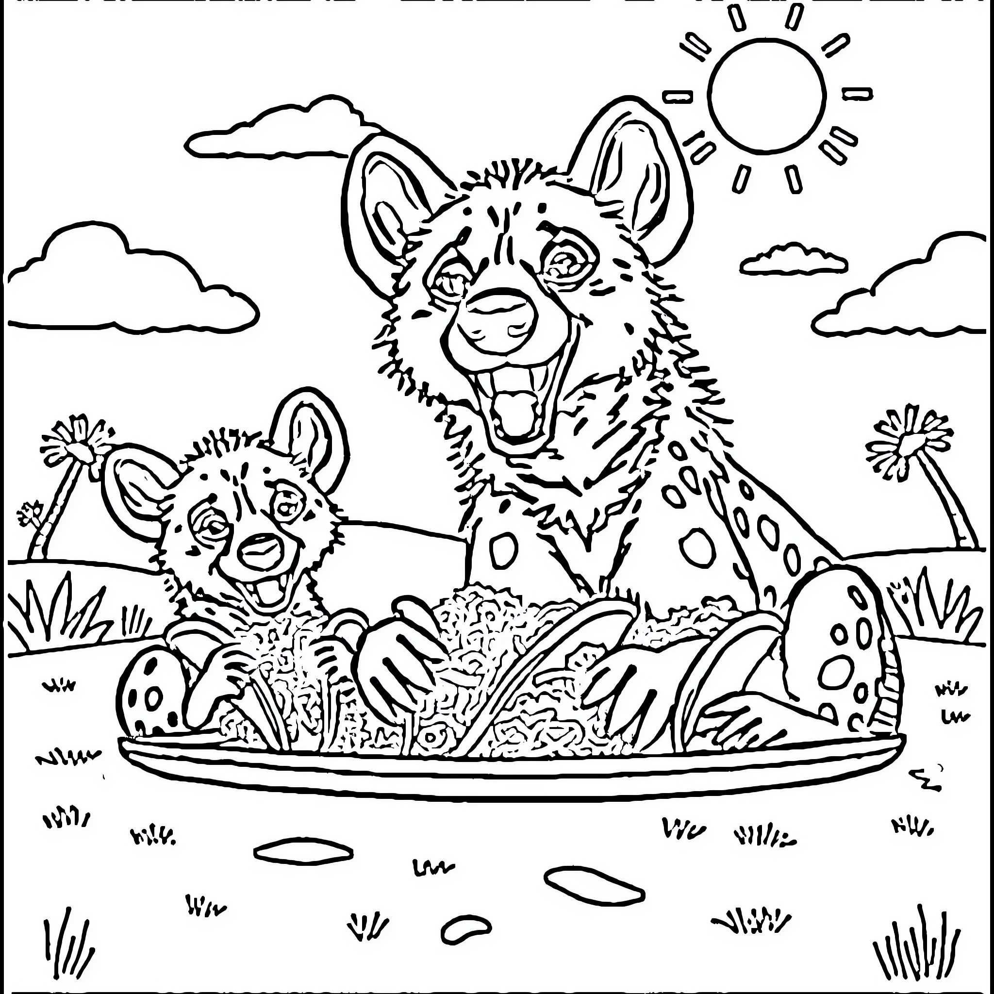 Hyena siblings playing joyfully in the sun Coloring Page (free black-and-white line drawing printable PDF for all, from beginners to advanced learners, including children, teens, adults, and seniors)