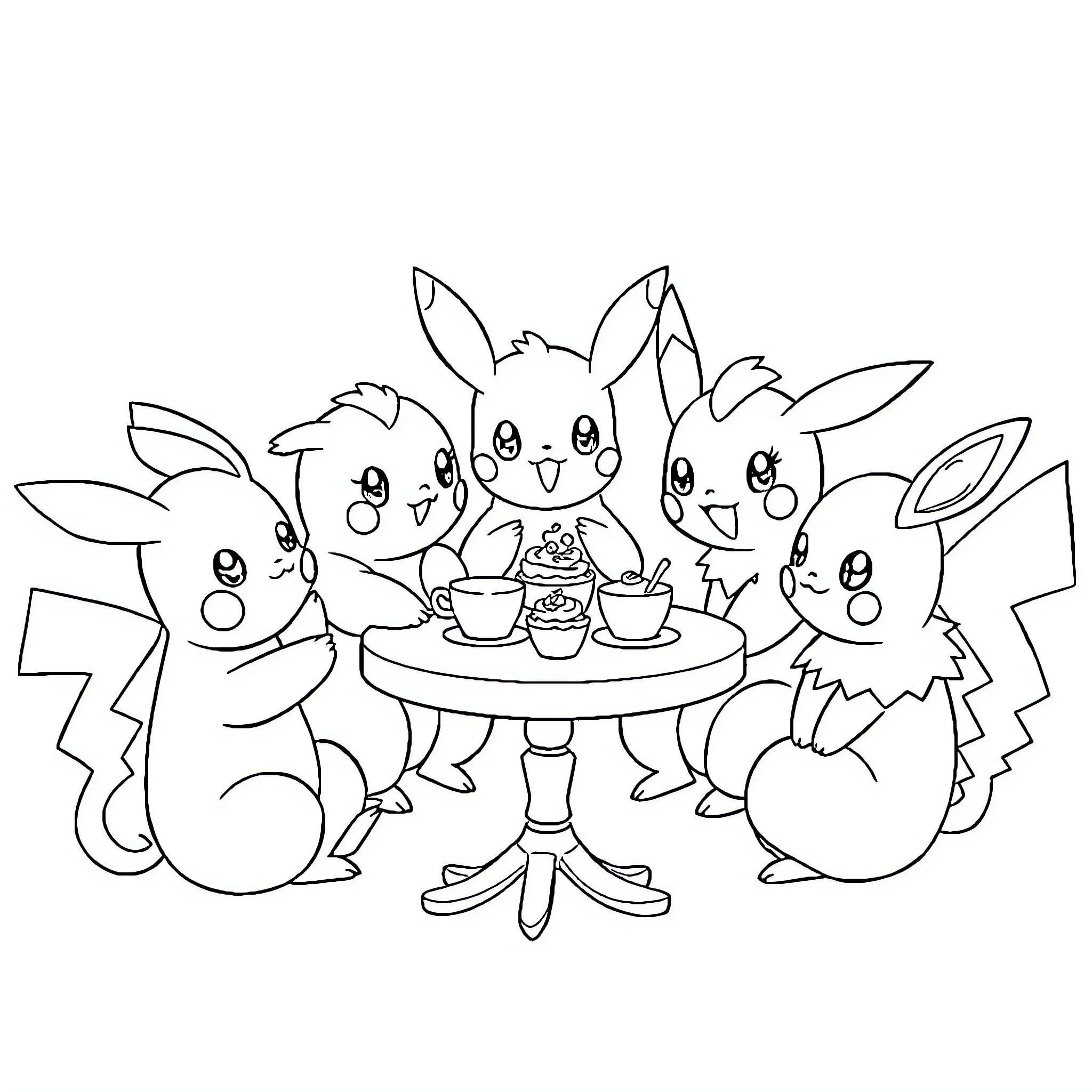Pokémon enjoying a tea party together Coloring Page (free black-and-white line drawing printable PDF for all, from beginners to advanced learners, including children, teens, adults, and seniors)