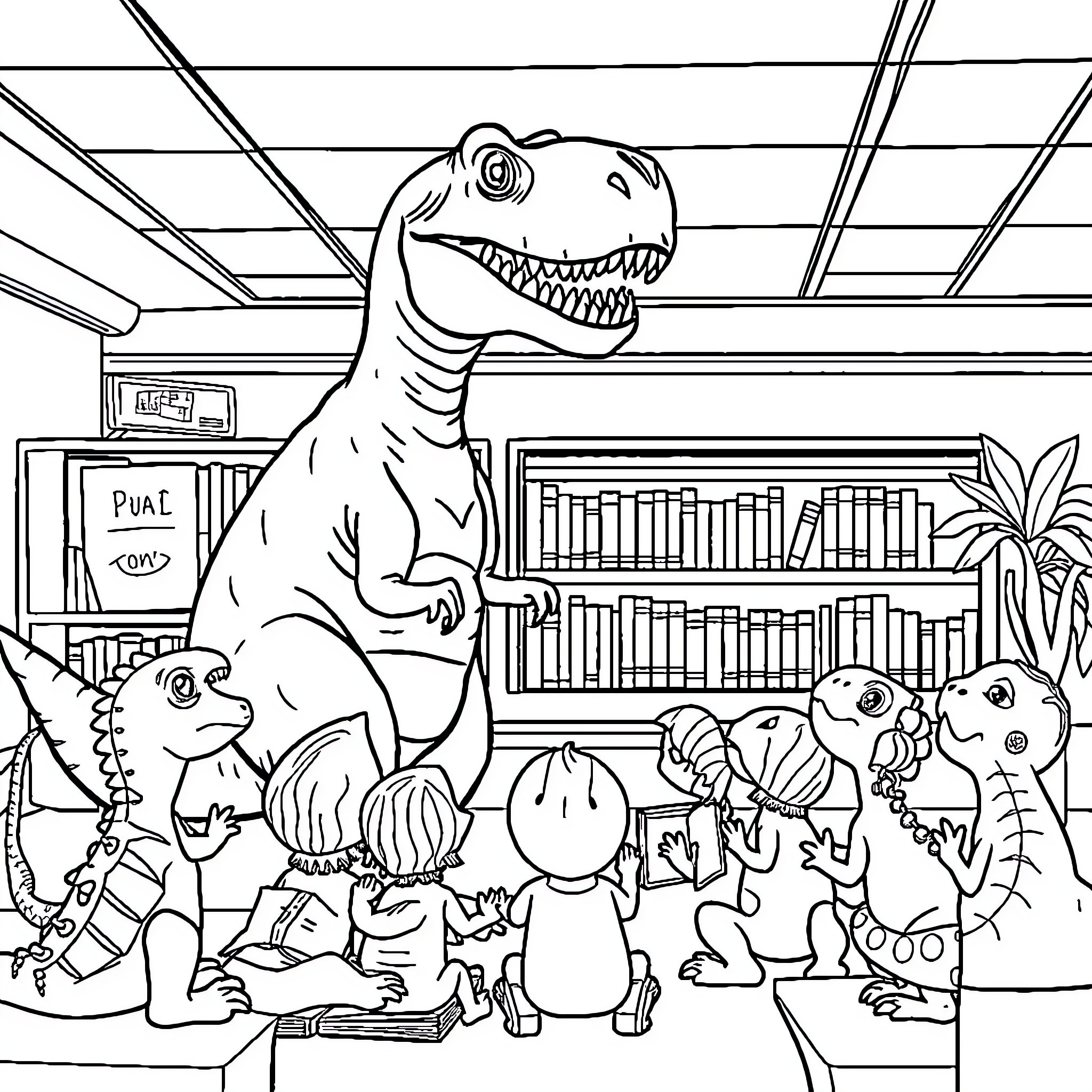 T-Rex Causing Chaos in the Library Coloring Page (free black-and-white line drawing printable PDF for all, from beginners to advanced learners, including children, teens, adults, and seniors)