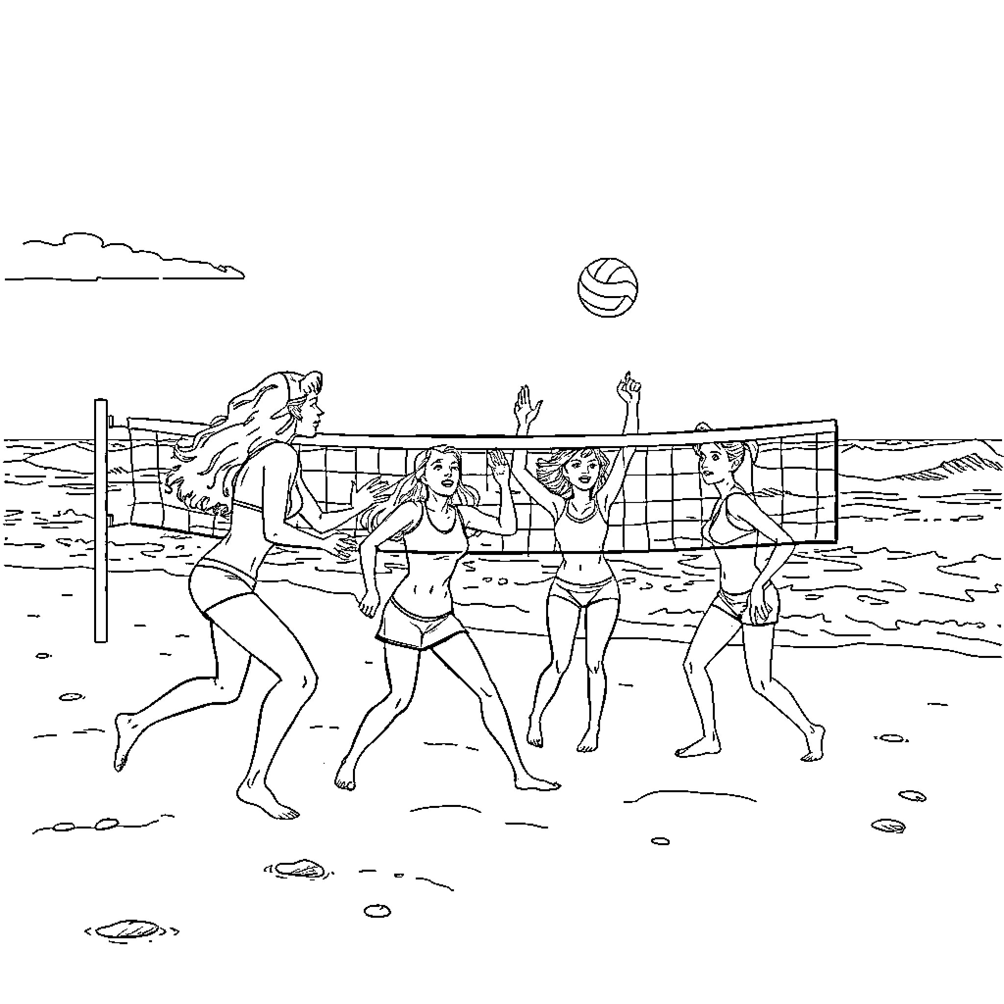 Buffy and friends play beach volleyball Coloring Page (free black-and-white line drawing printable PDF for all, from beginners to advanced learners, including children, teens, adults, and seniors)