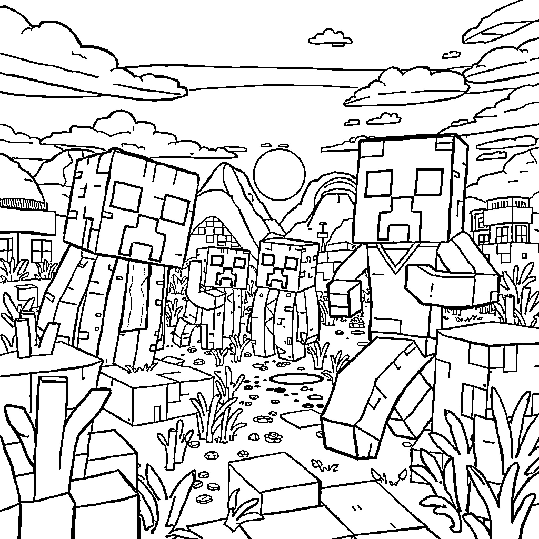 Creeper explores the mysterious city landscape Coloring Page (free black-and-white line drawing printable PDF for all, from beginners to advanced learners, including children, teens, adults, and seniors)