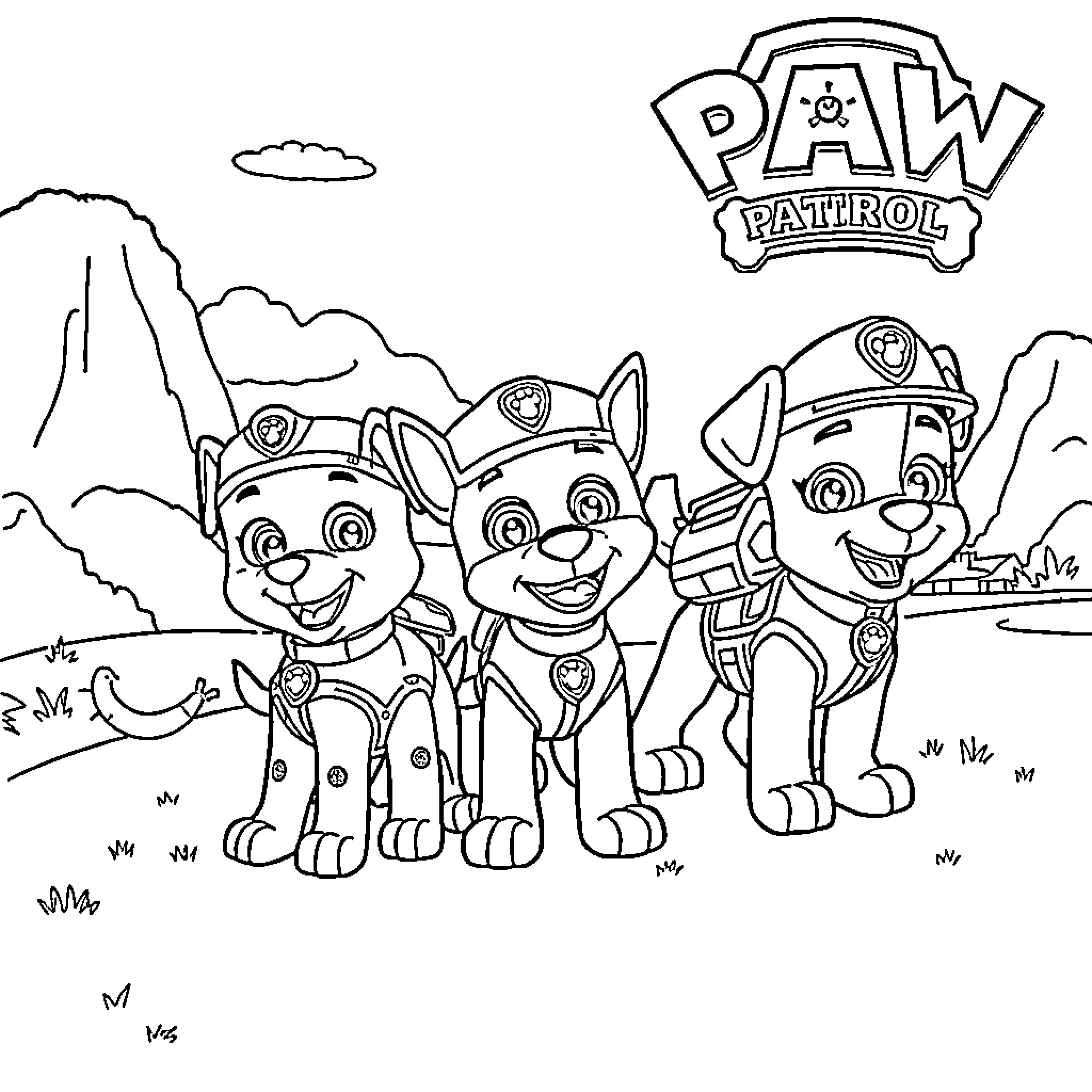 Paw Patrol characters exploring the outdoors Coloring Page (free black-and-white line drawing printable PDF for all, from beginners to advanced learners, including children, teens, adults, and seniors)