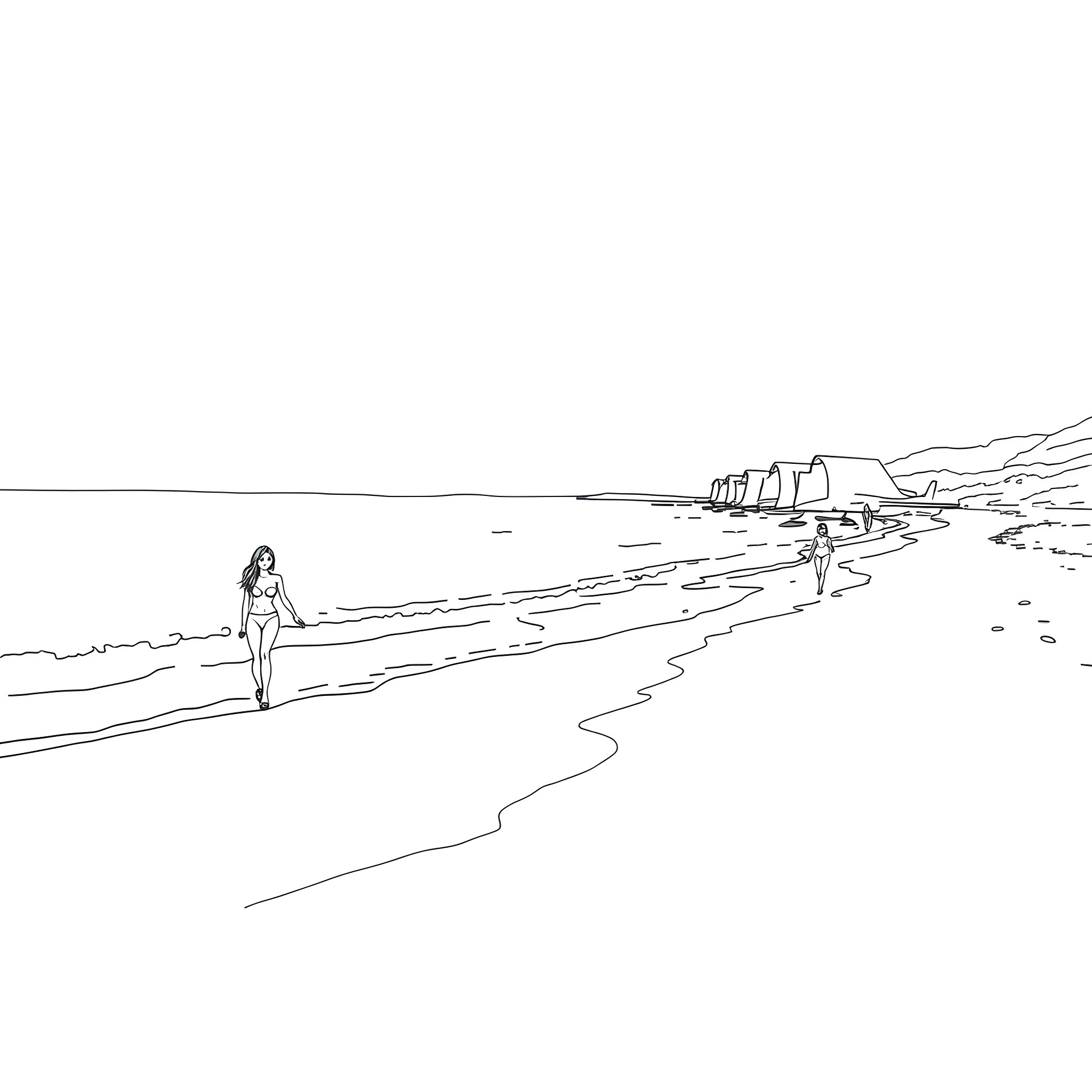 Woman walking alone on peaceful beach Coloring Page (free black-and-white line drawing printable PDF for all, from beginners to advanced learners, including children, teens, adults, and seniors)