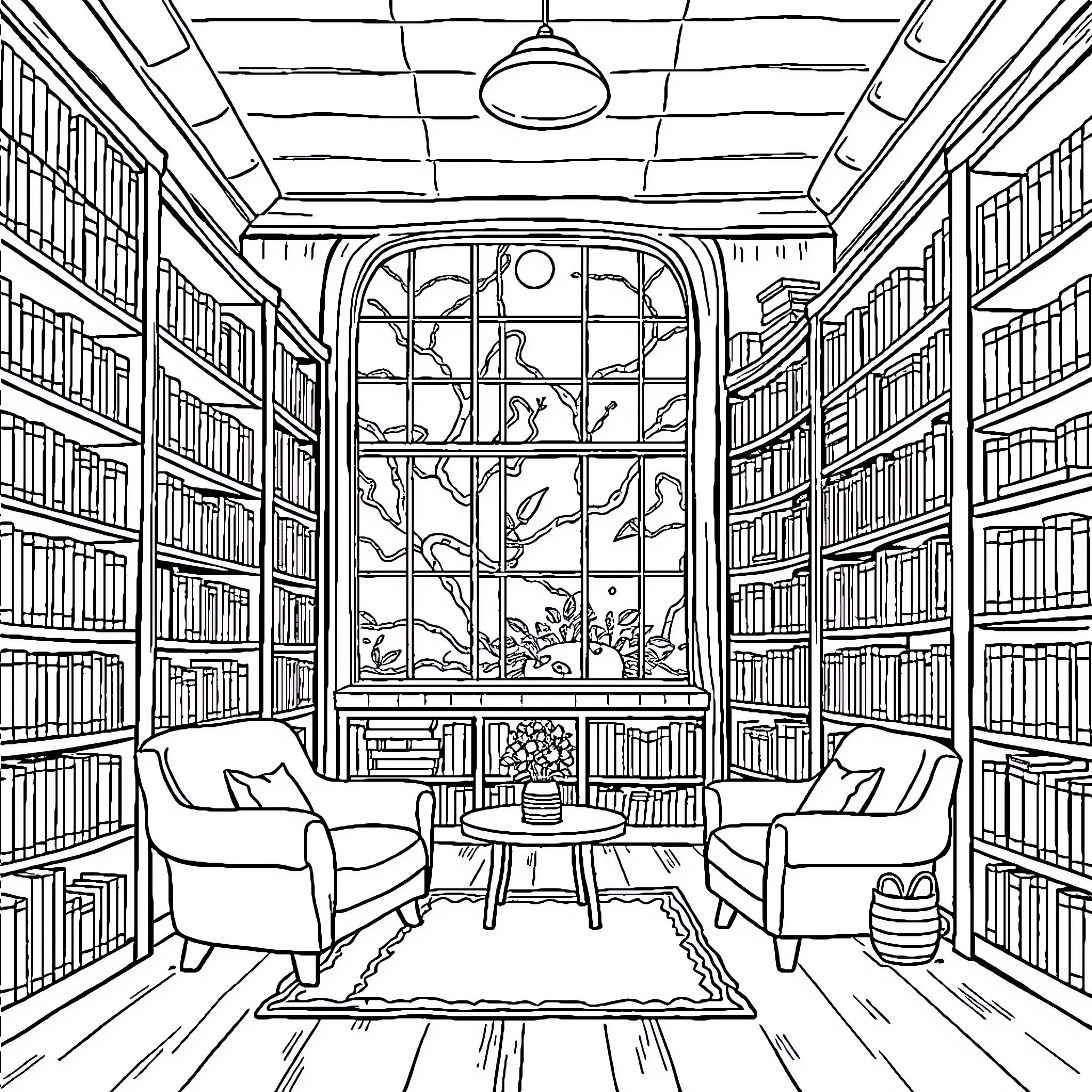 Library with cozy reading nook and bookshelves Coloring Page (free black-and-white line drawing printable PDF for all, from beginners to advanced learners, including children, teens, adults, and seniors)
