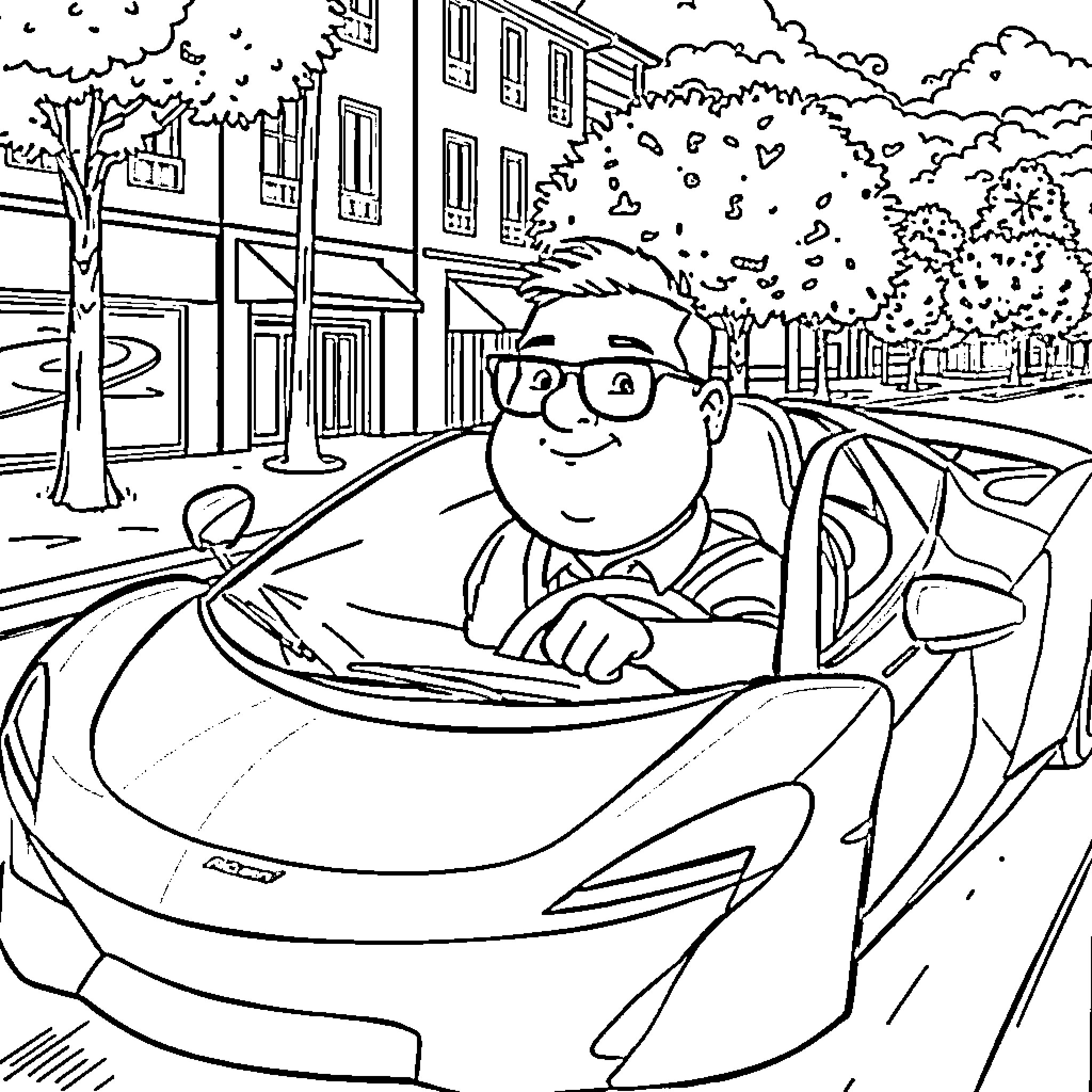 Man driving sports car through town Coloring Page (free black-and-white line drawing printable PDF for all, from beginners to advanced learners, including children, teens, adults, and seniors)