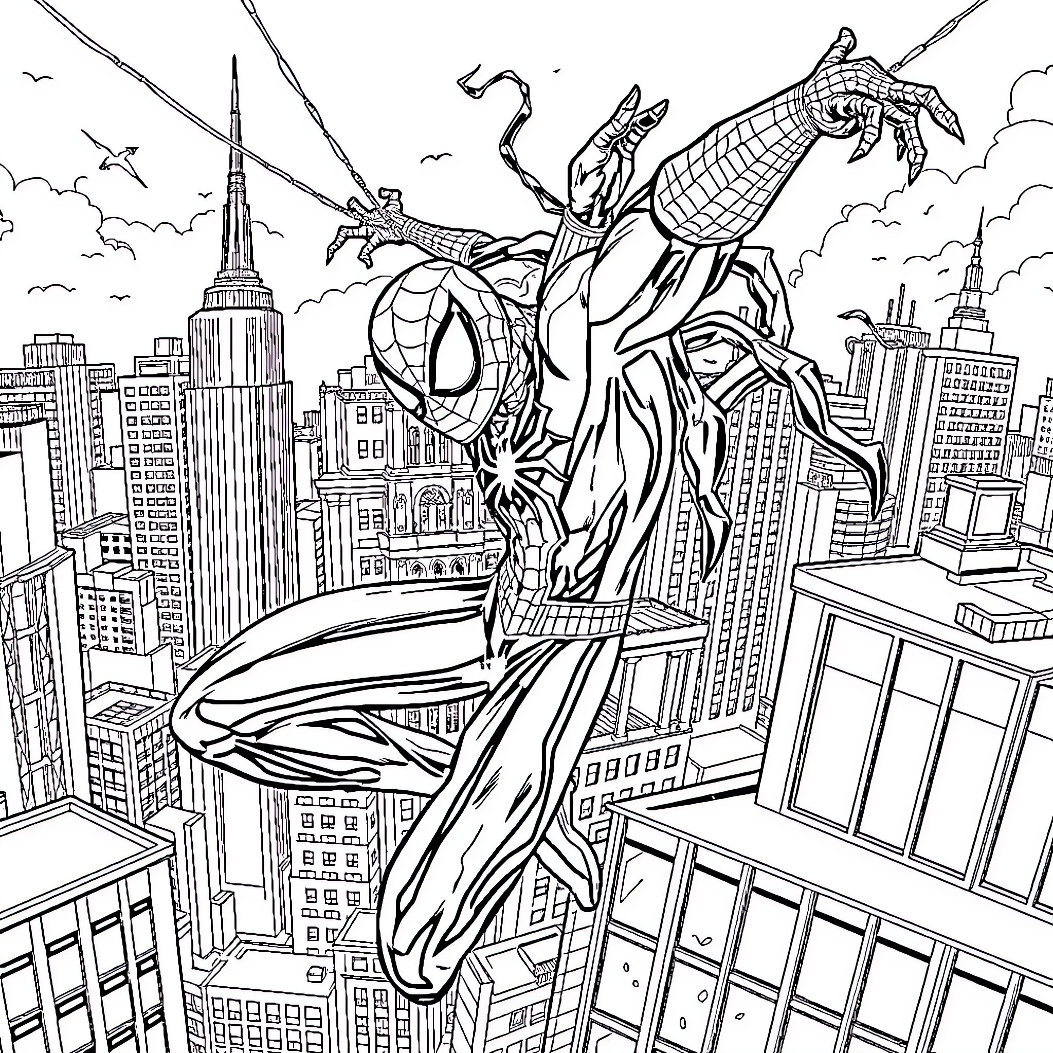 Spider-Man swinging heroically through the city skyline Coloring Page (free black-and-white line drawing printable PDF for all, from beginners to advanced learners, including children, teens, adults, and seniors)