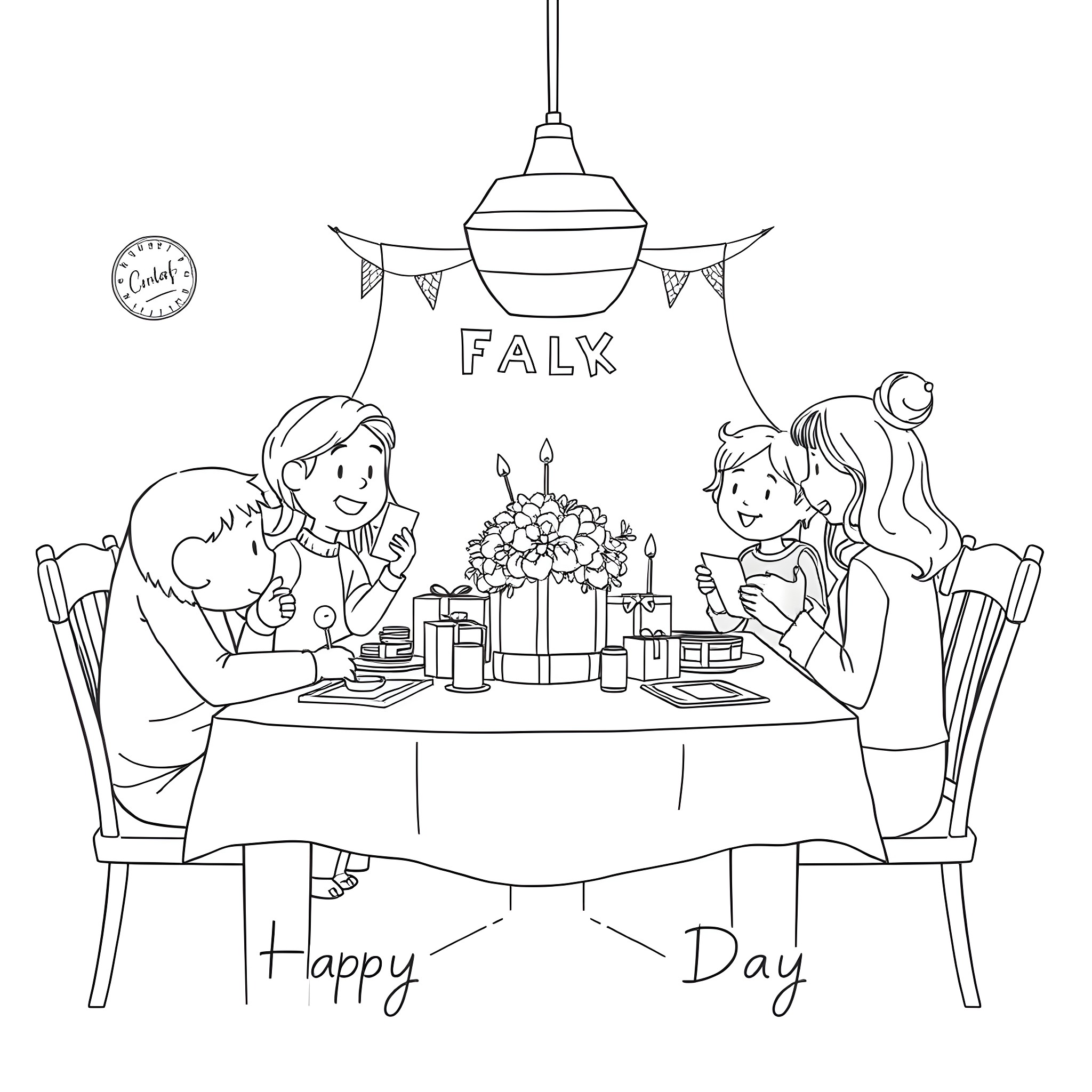 Father and family celebrate happy occasion at home Coloring Page (free black-and-white line drawing printable PDF for all, from beginners to advanced learners, including children, teens, adults, and seniors)