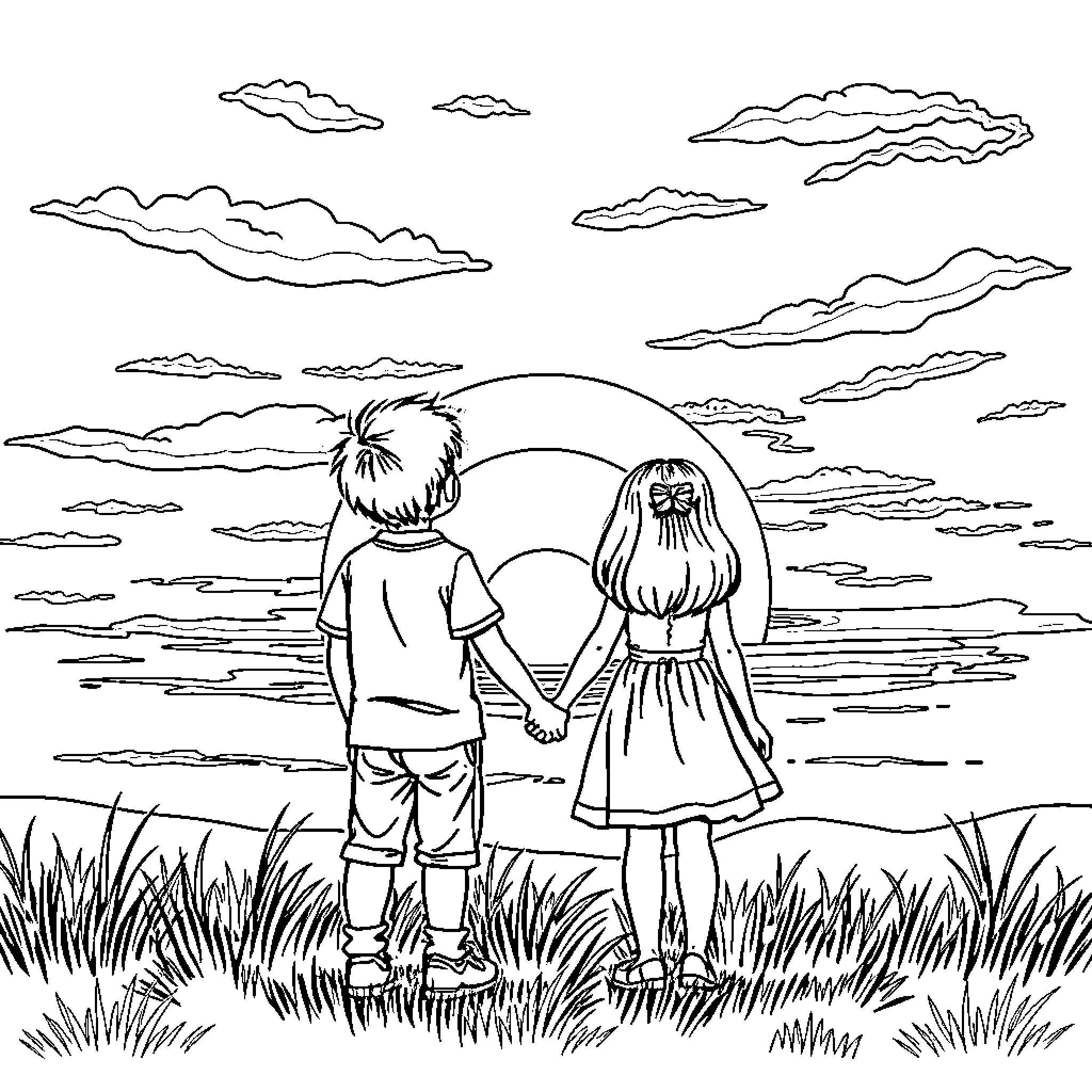 Child couple enjoying sunset outdoors Coloring Page (free black-and-white line drawing printable PDF for all, from beginners to advanced learners, including children, teens, adults, and seniors)
